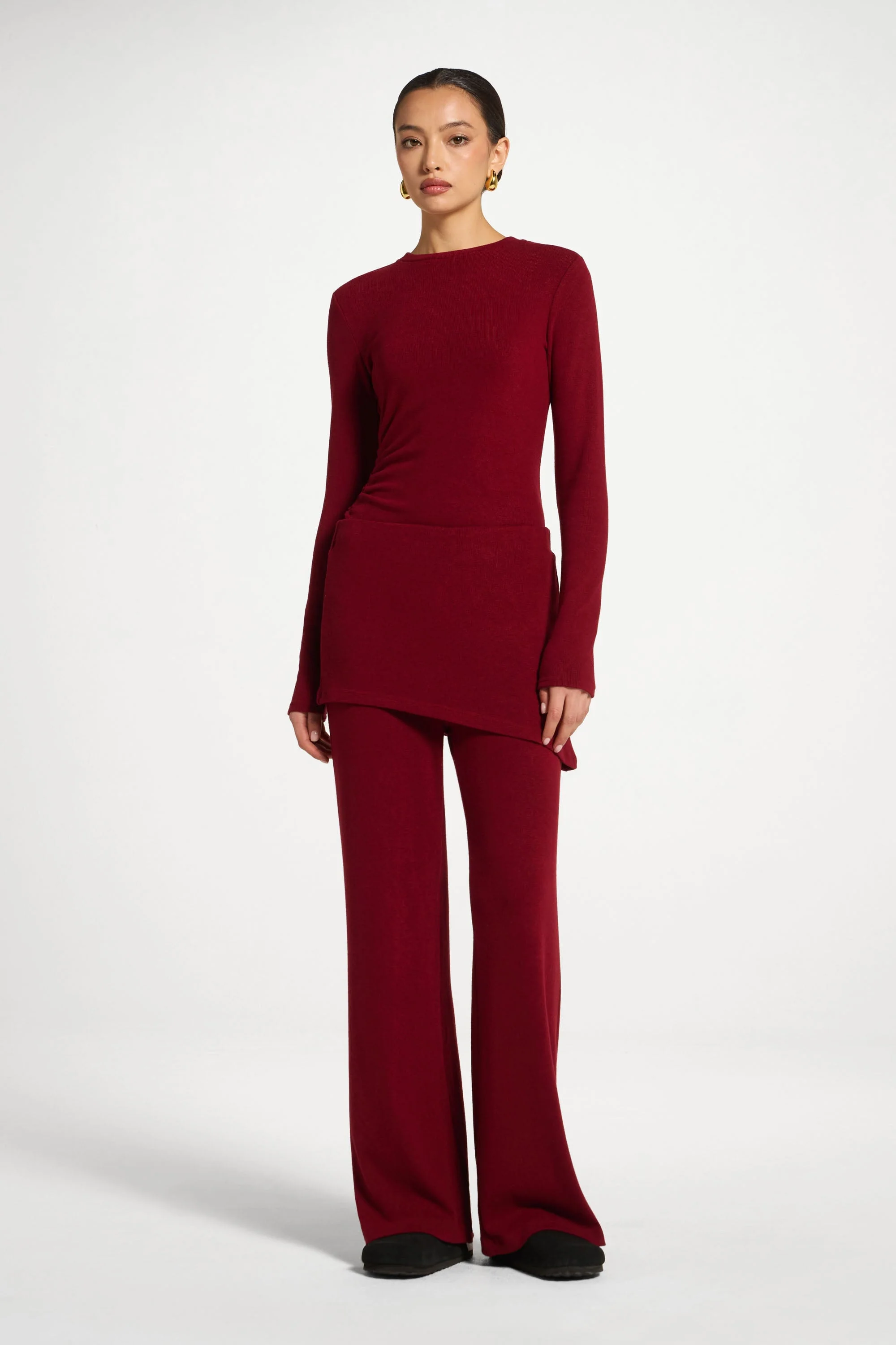 Ribbed Knit Foldover Wide Leg Pants - Cherry Lacquer - Image 3