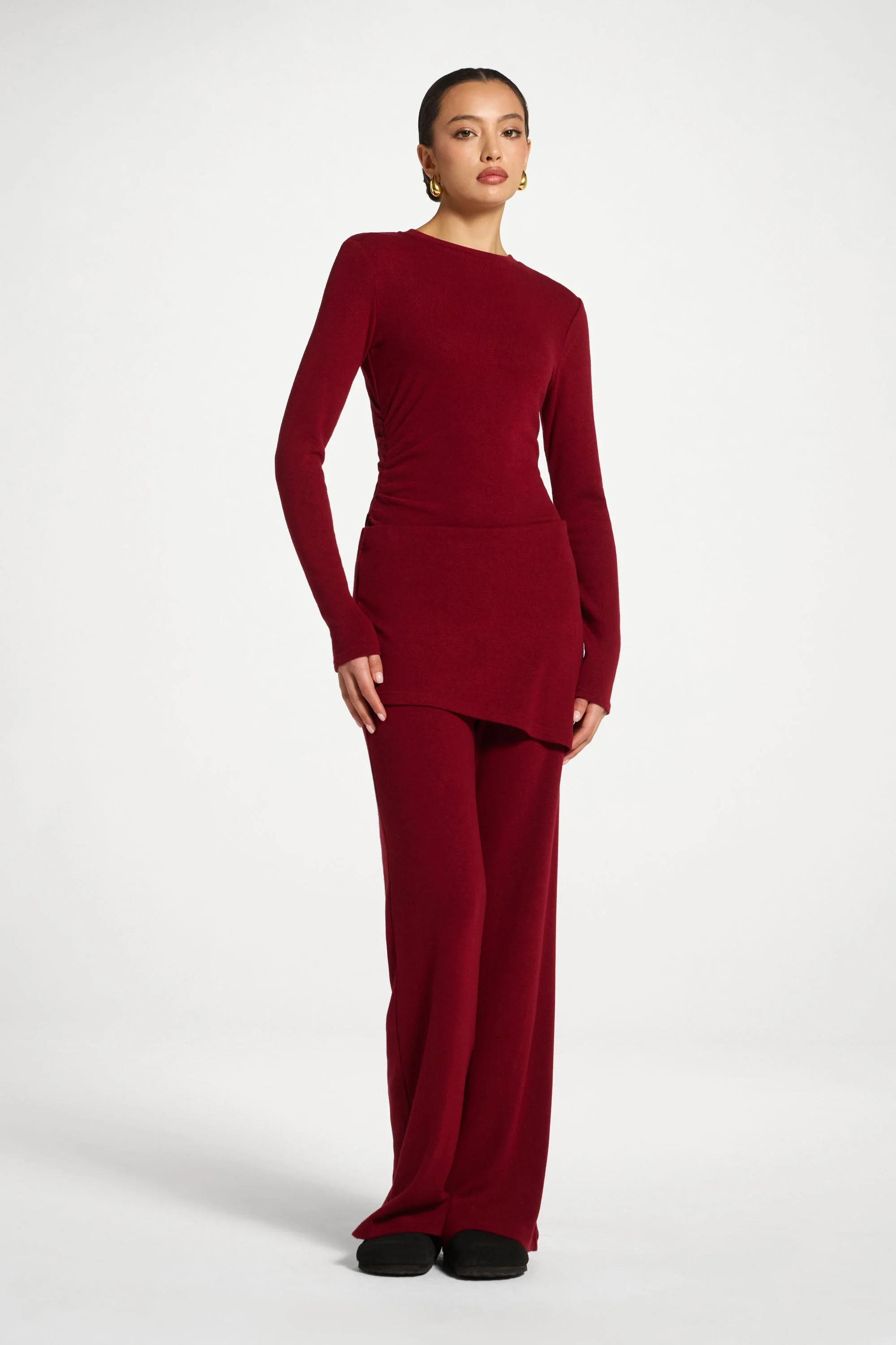 Ribbed Knit Foldover Wide Leg Pants - Cherry Lacquer - Image 4