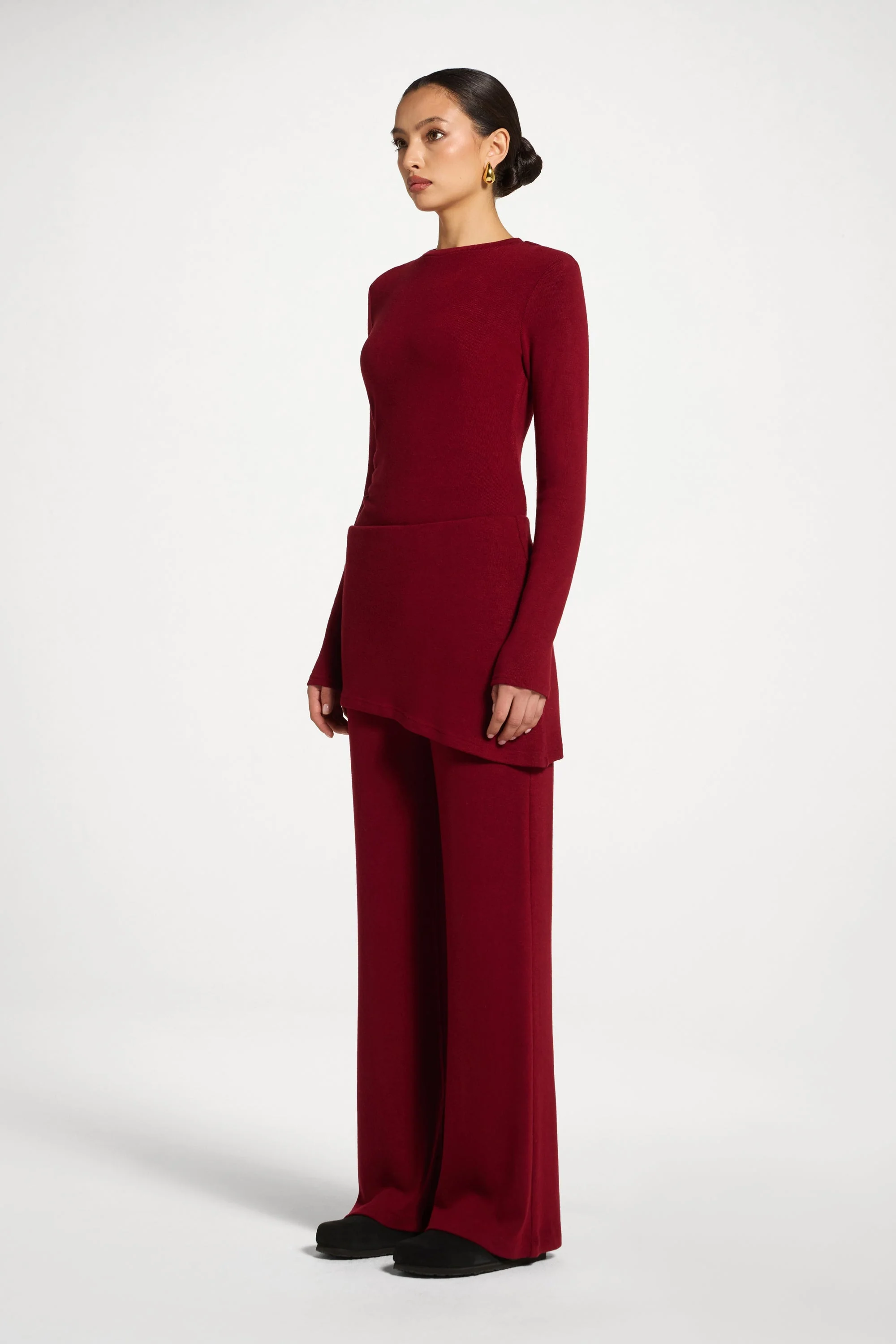 Ribbed Knit Foldover Wide Leg Pants - Cherry Lacquer - Image 5