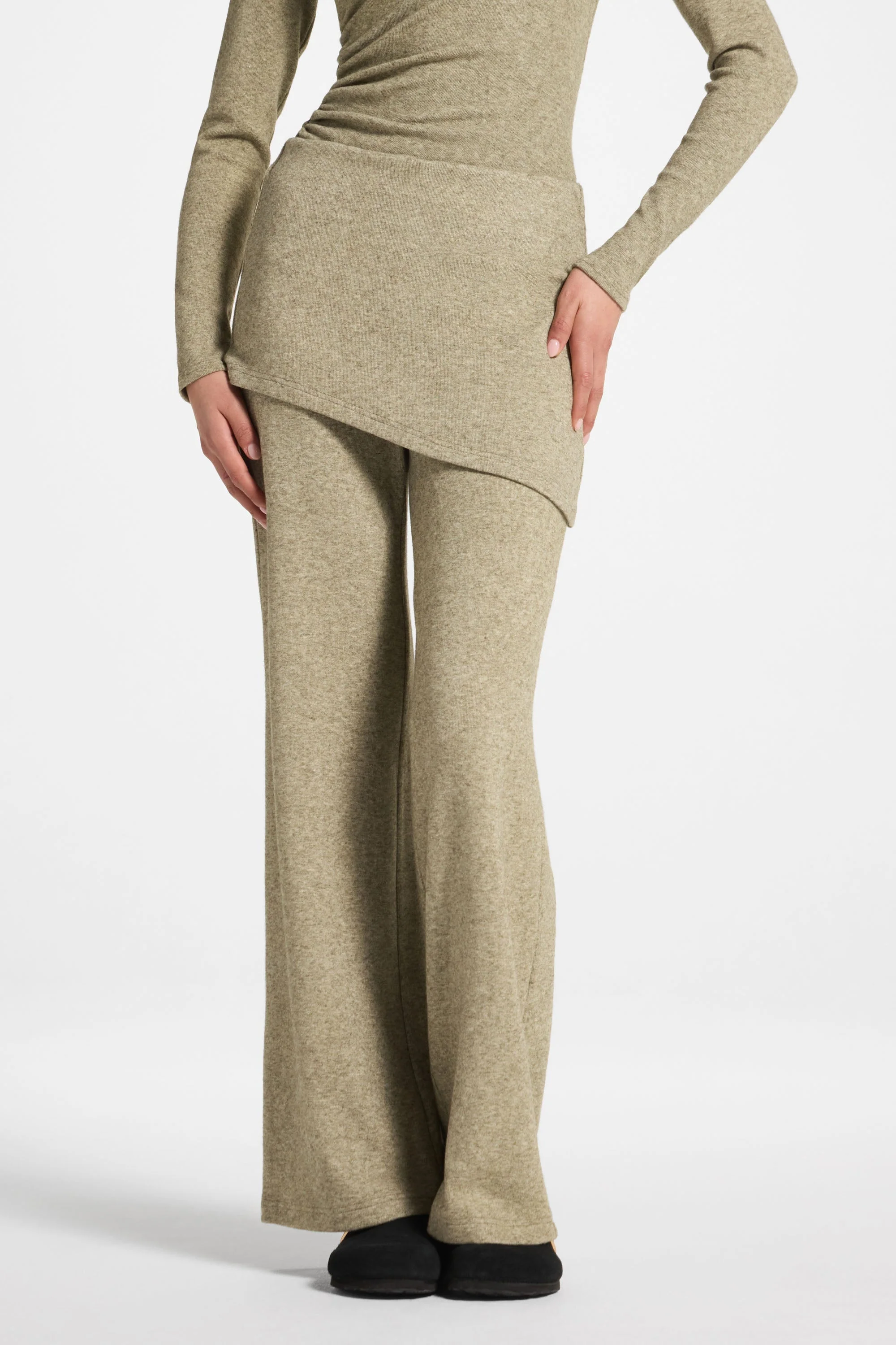 Ribbed Knit Foldover Wide Leg Pants - Olive - Image 2