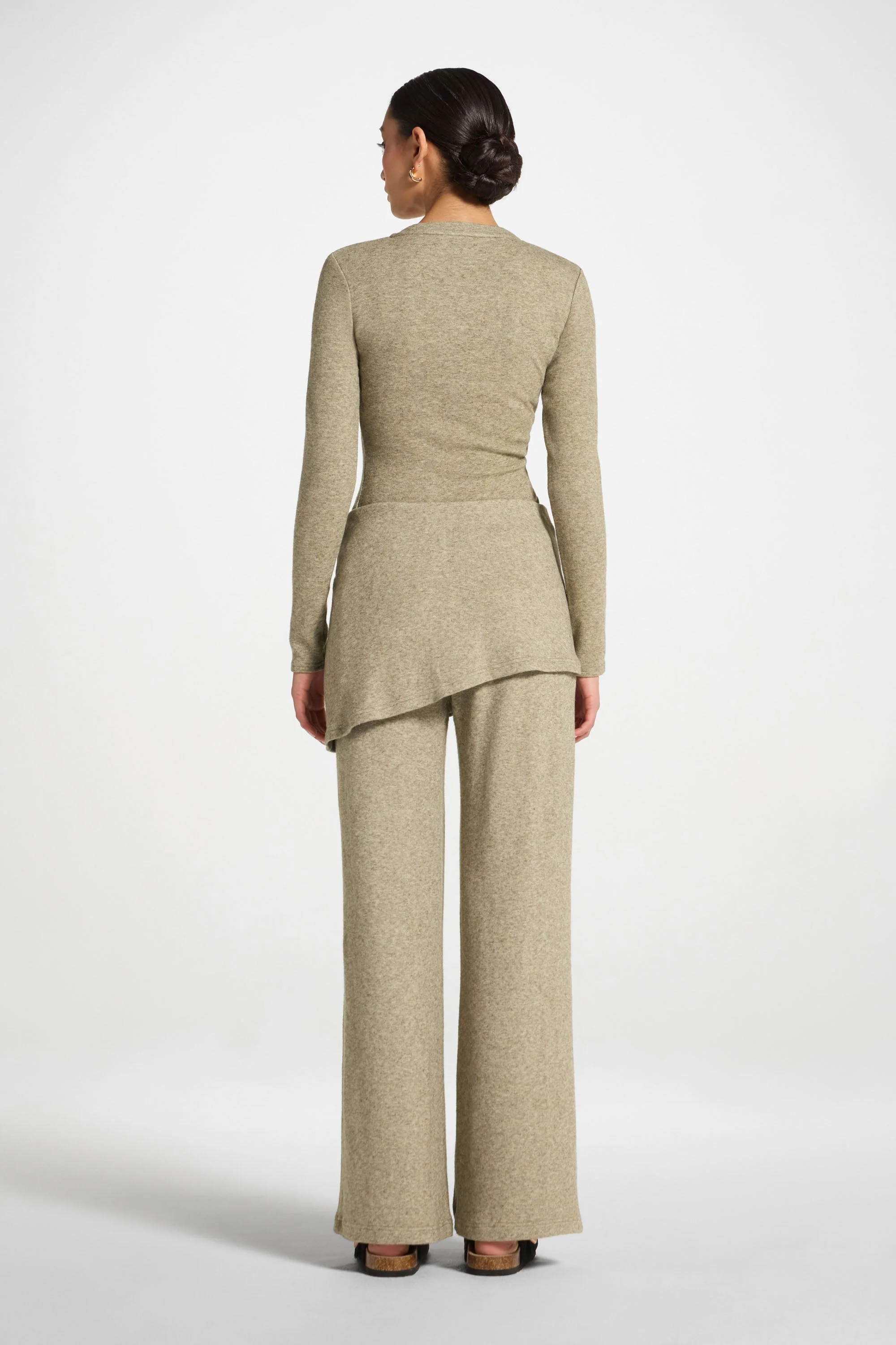 Ribbed Knit Foldover Wide Leg Pants - Olive - Image 5