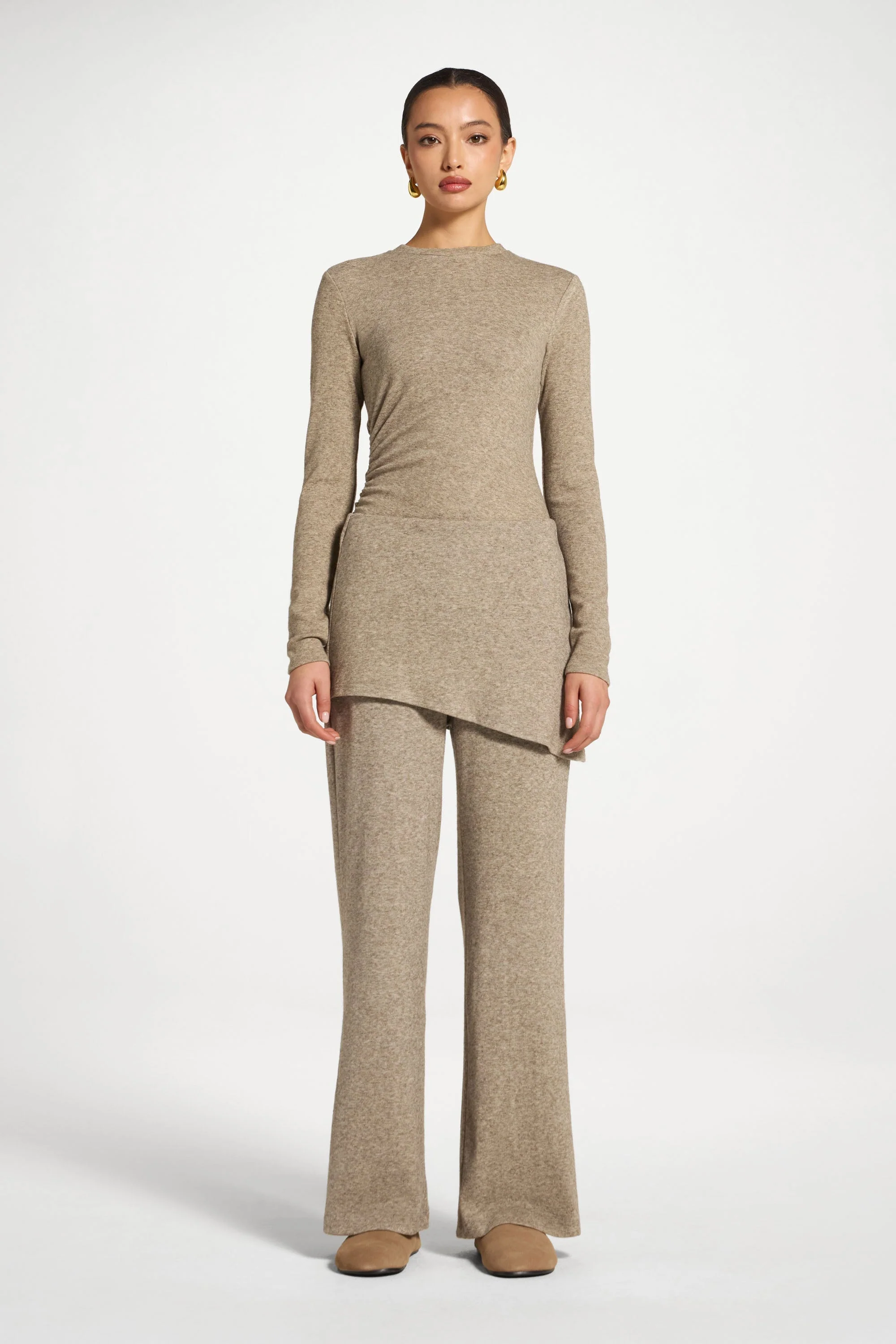 Ribbed Knit Foldover Wide Leg Pants - Warm Grey - Image 3