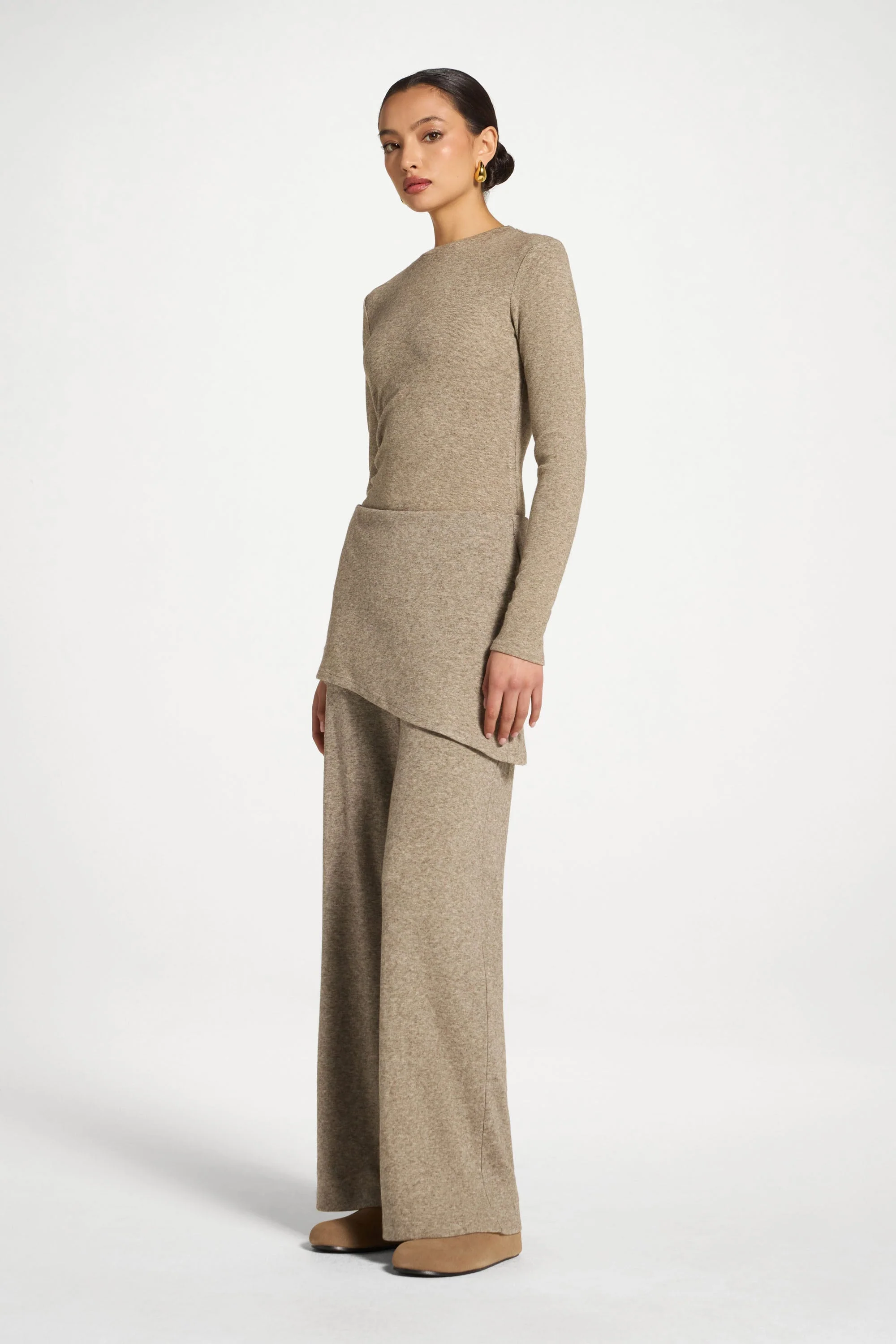 Ribbed Knit Foldover Wide Leg Pants - Warm Grey - Image 4