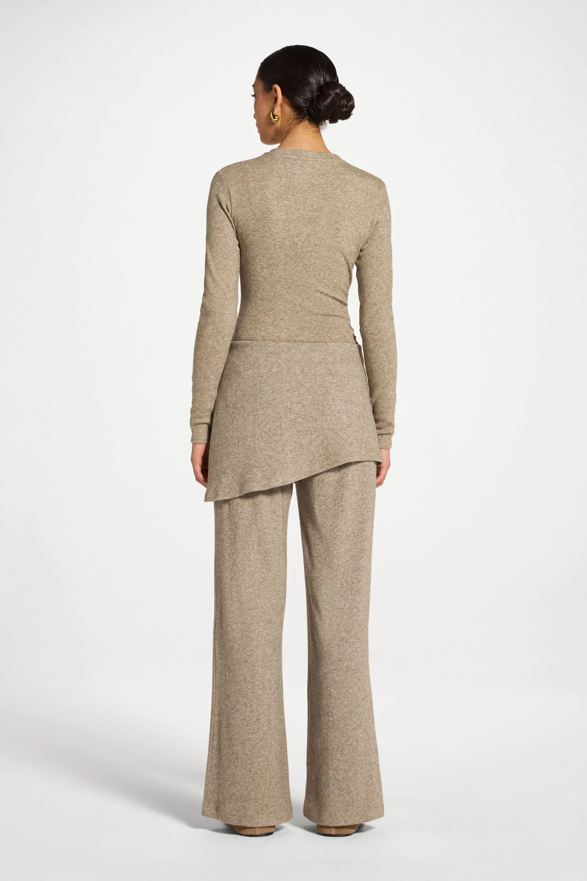Ribbed Knit Foldover Wide Leg Pants - Warm Grey - Image 5