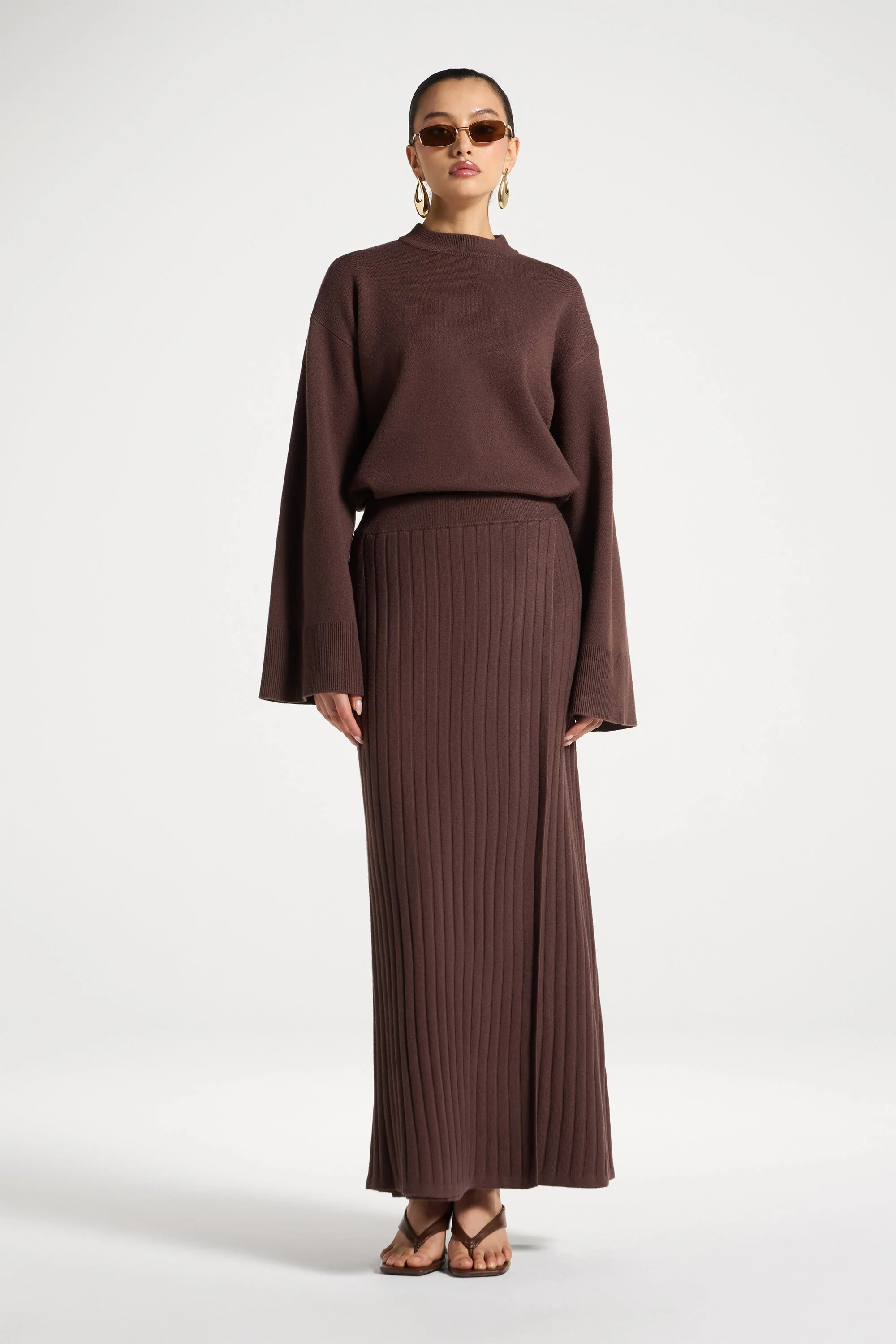 Ribbed Knit Wrap Skirt - Brown - Image 3