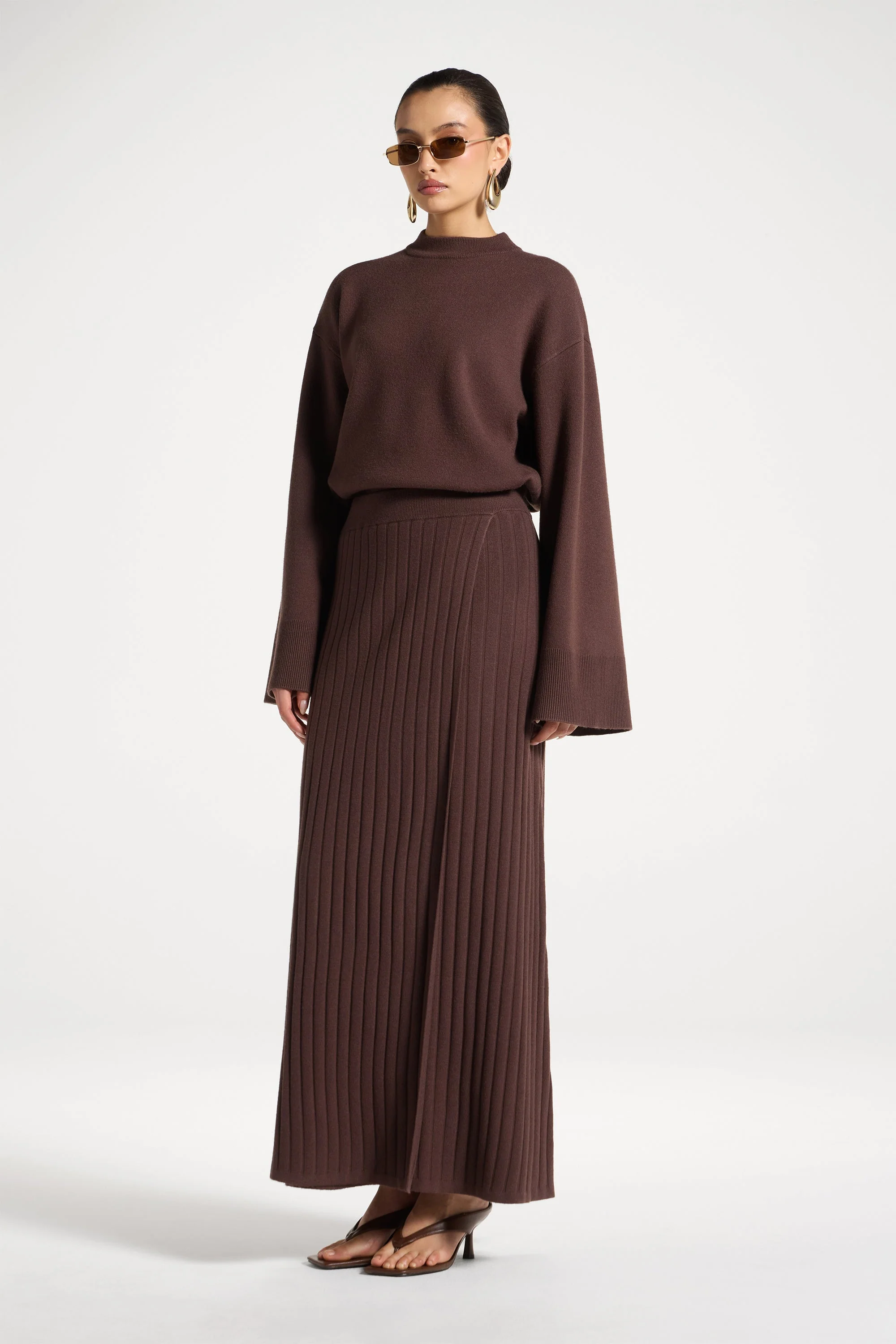 Ribbed Knit Wrap Skirt - Brown - Image 4