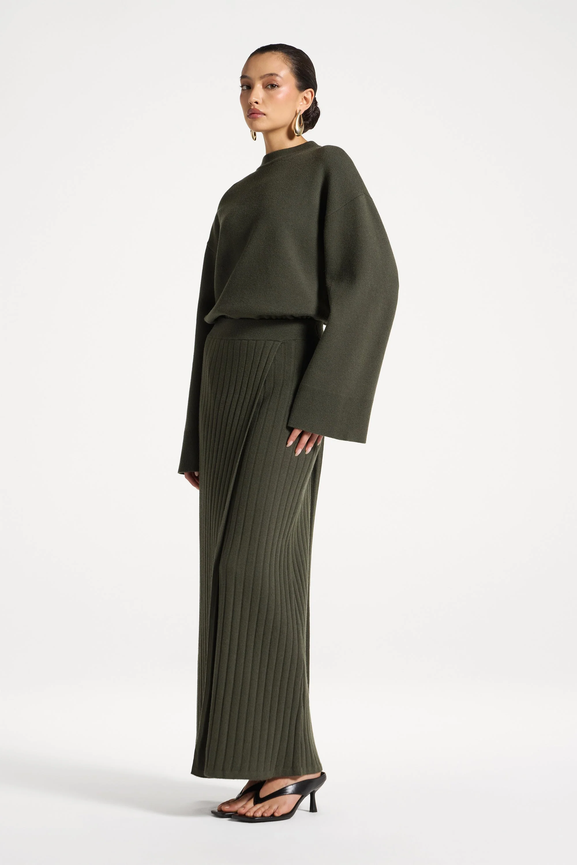 Ribbed Knit Wrap Skirt - Sage - Image 4