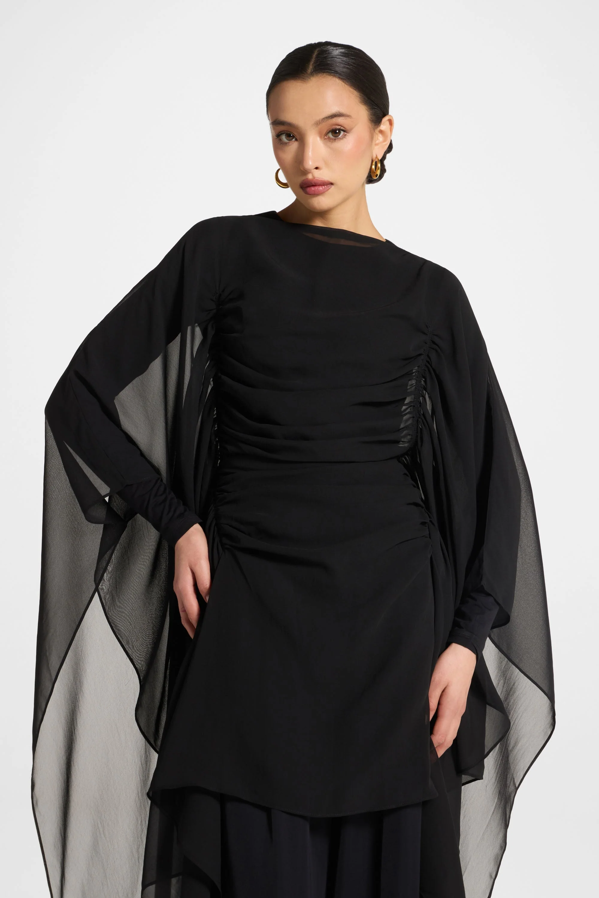 Rouched Cape Top - Black - Image 2