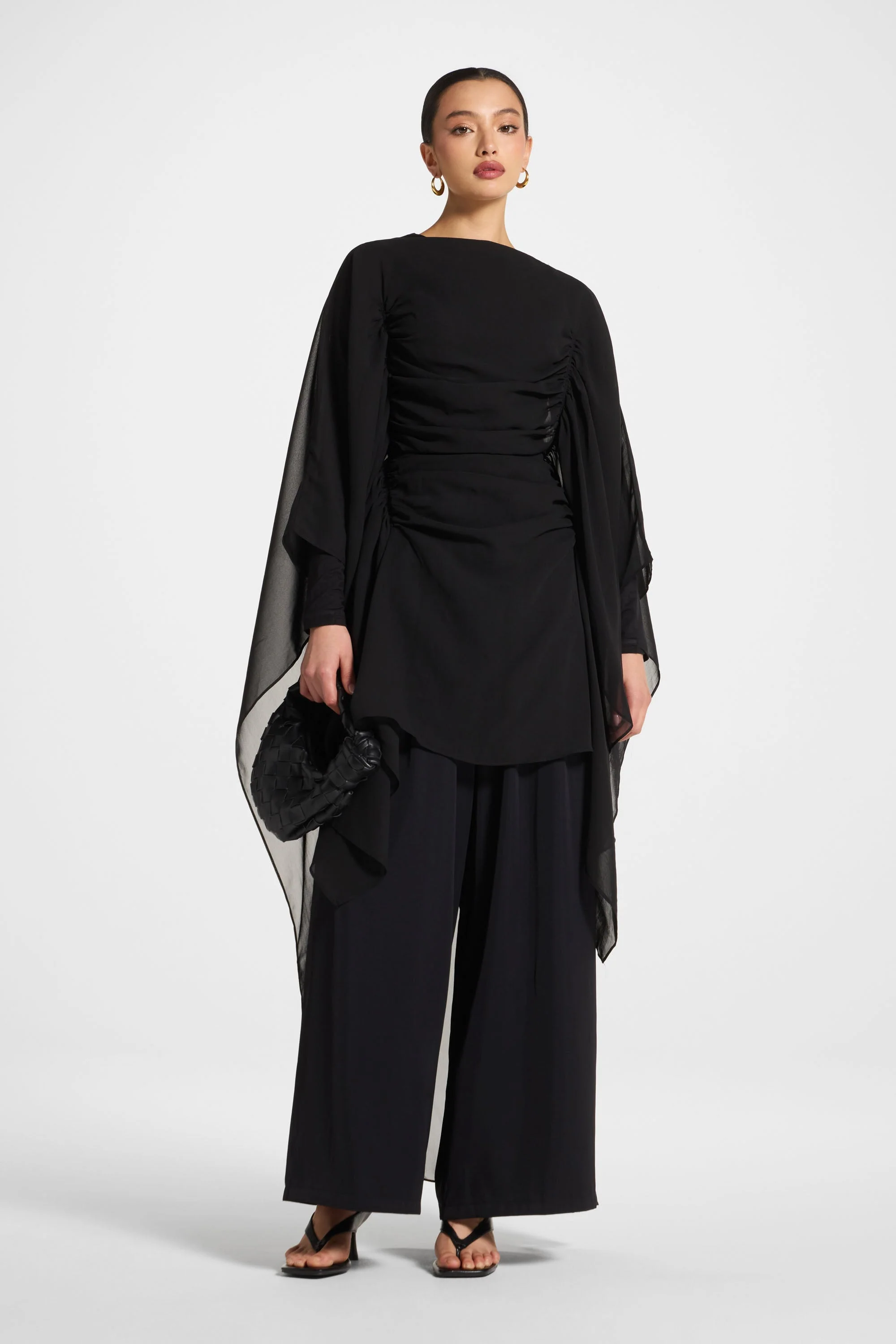 Rouched Cape Top - Black - Image 3