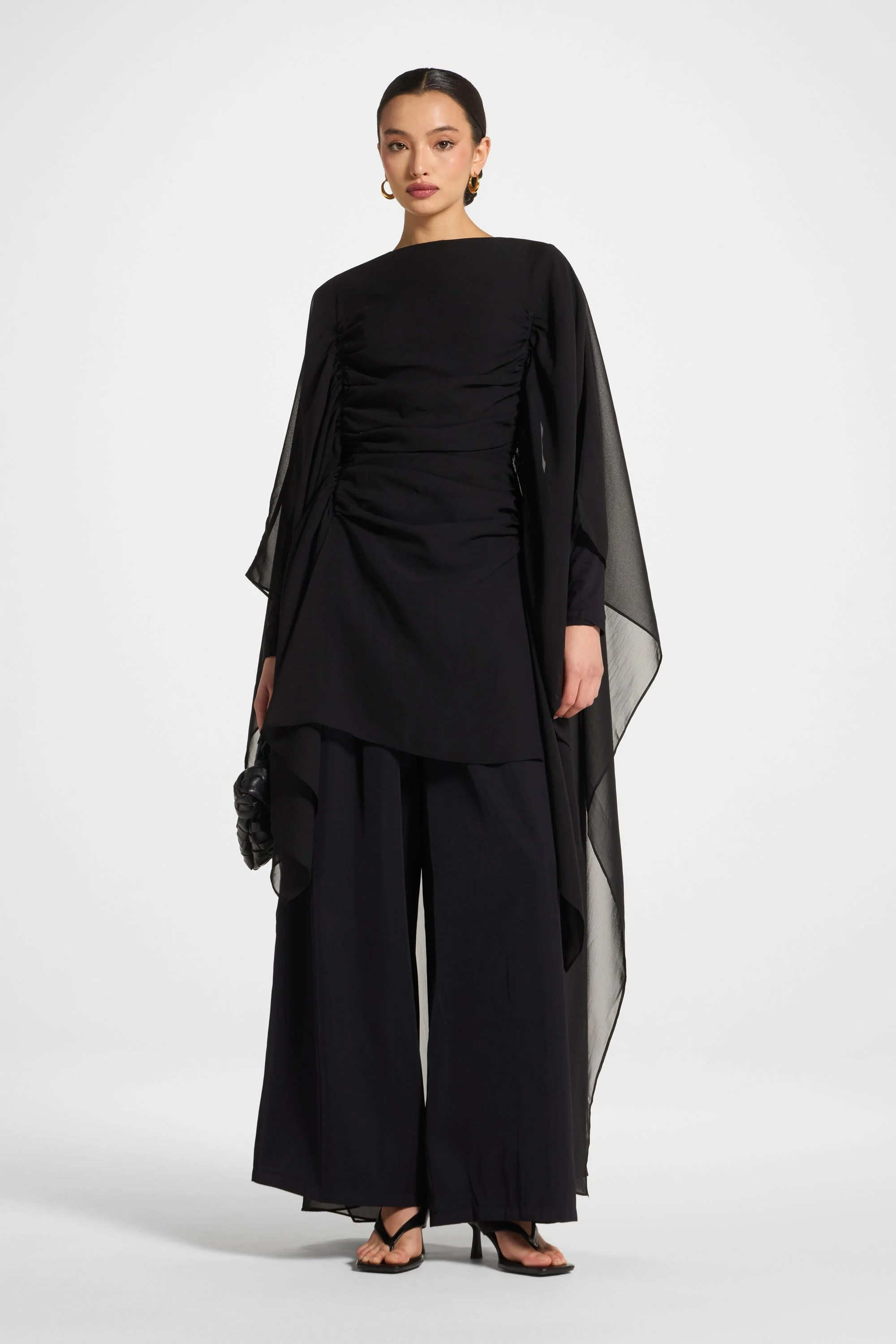 Rouched Cape Top - Black - Image 4