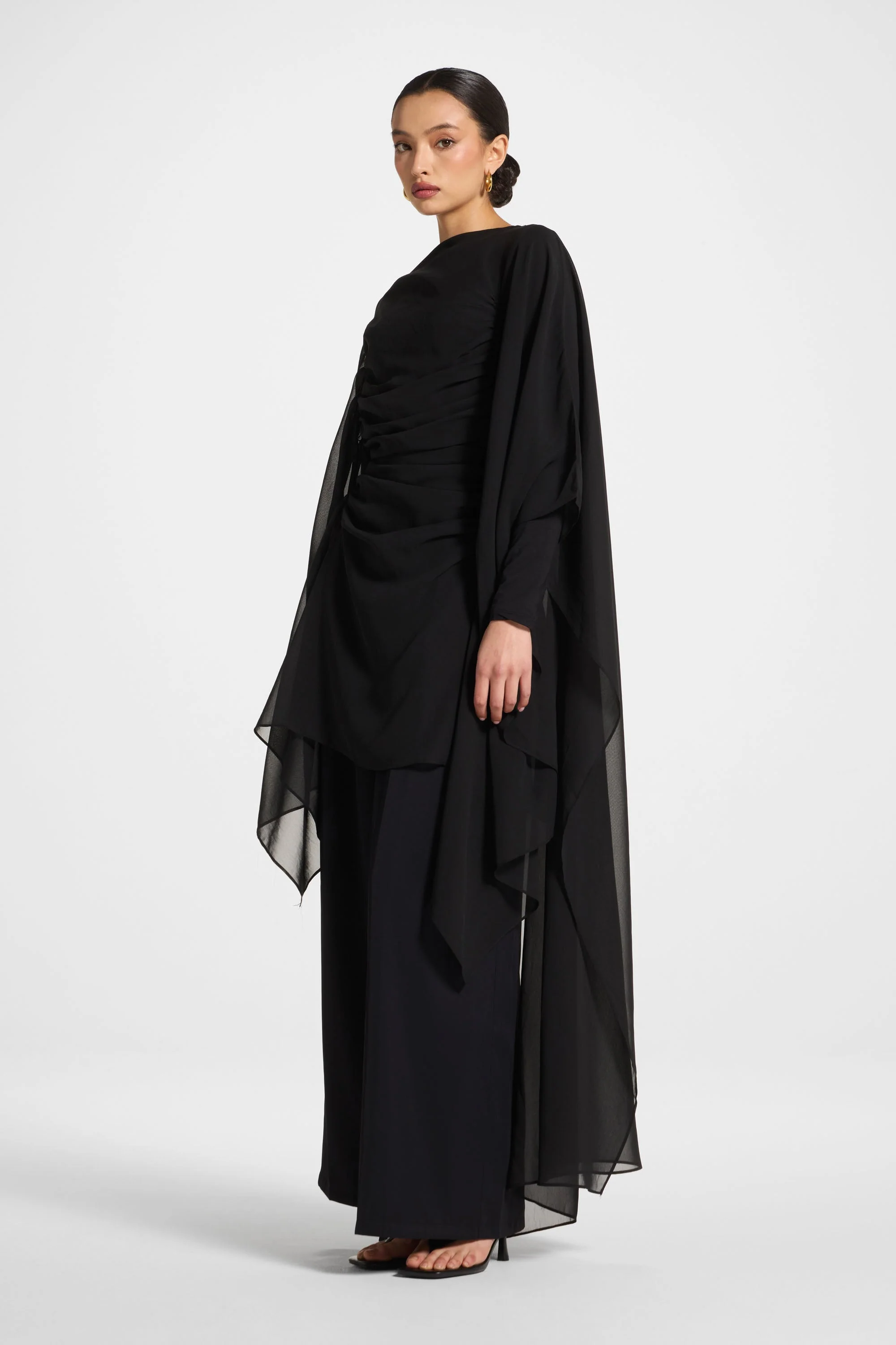 Rouched Cape Top - Black - Image 5
