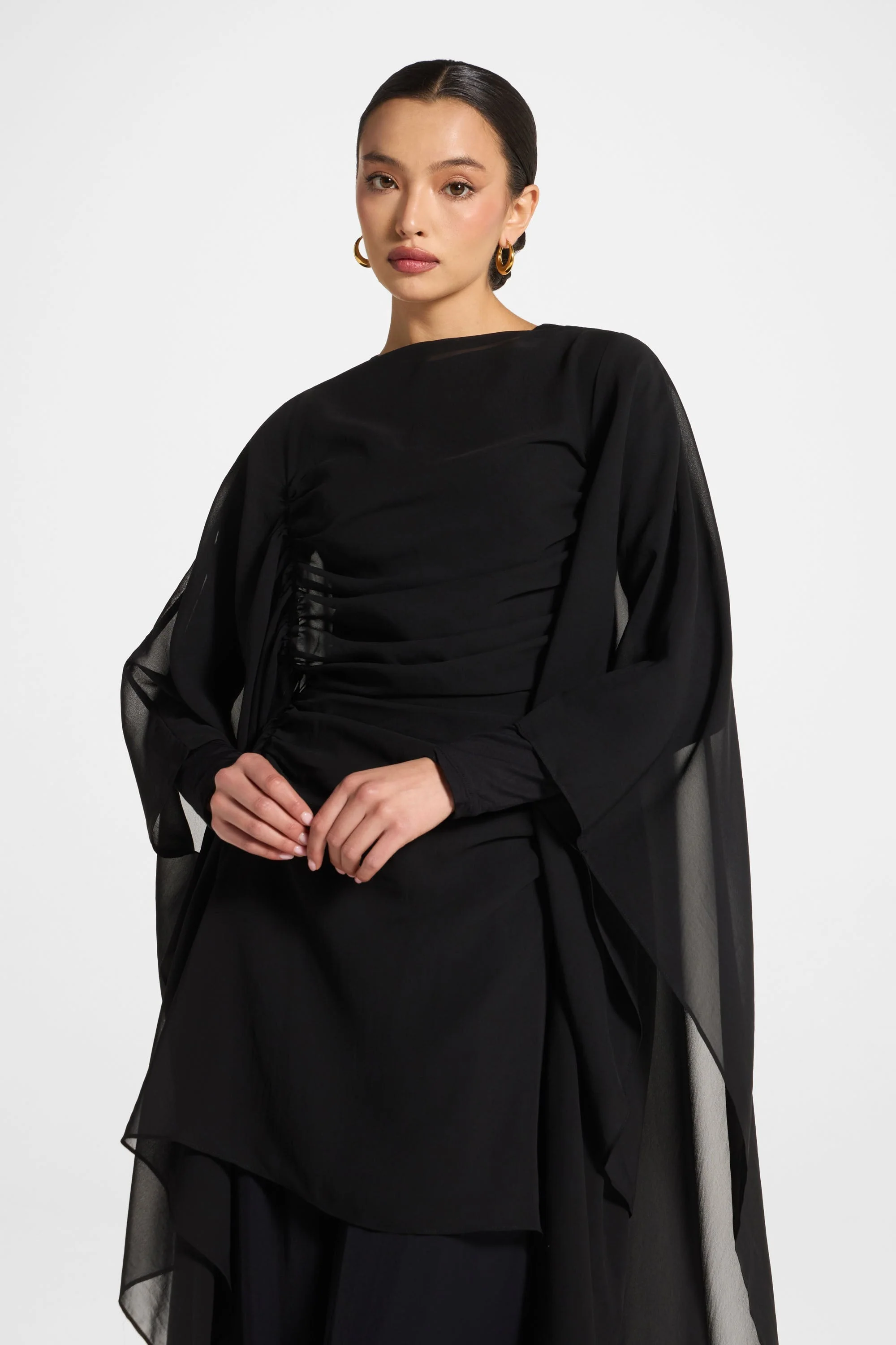 Rouched Cape Top - Black - Image 7