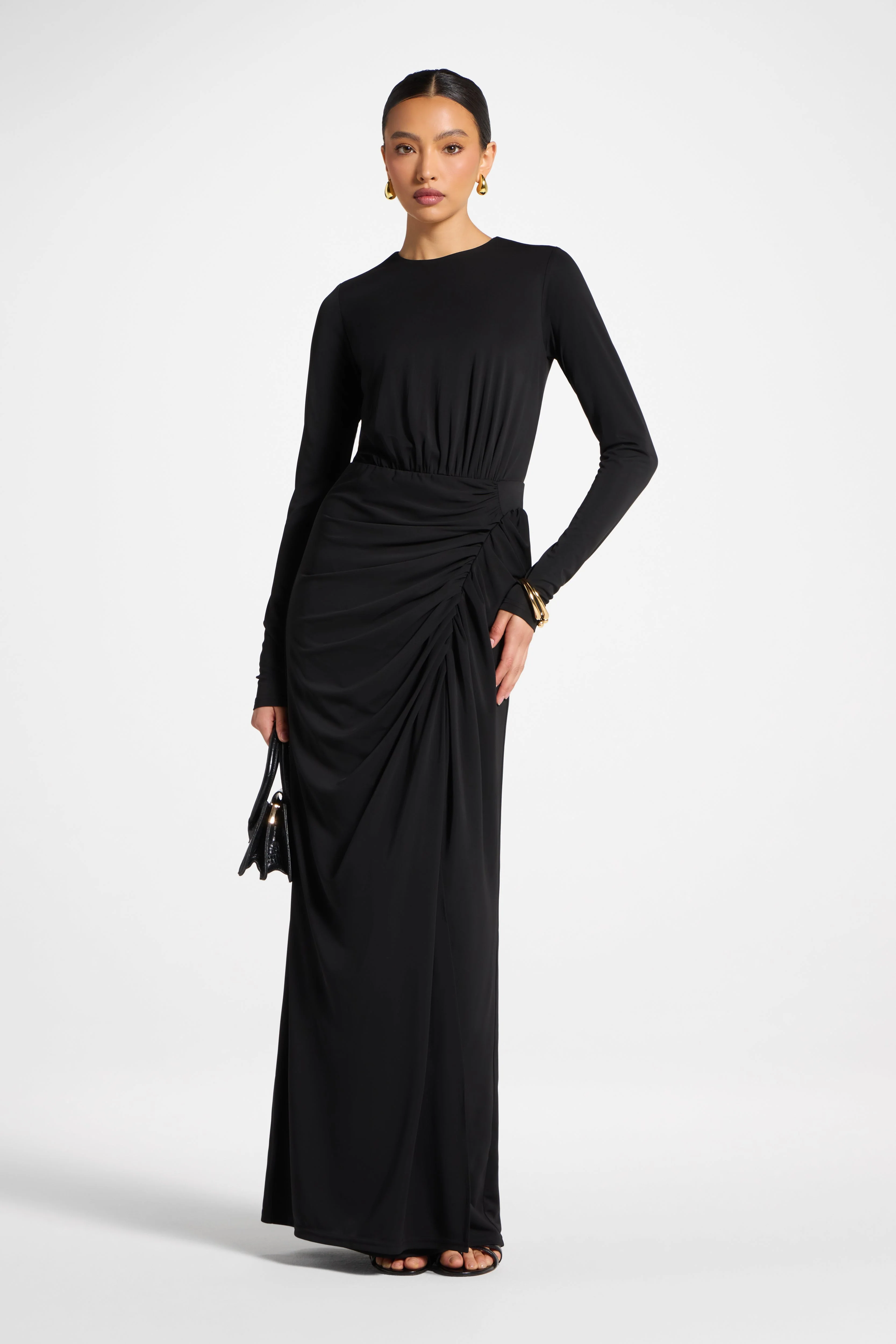 Rouched Wrap Maxi Dress - Black