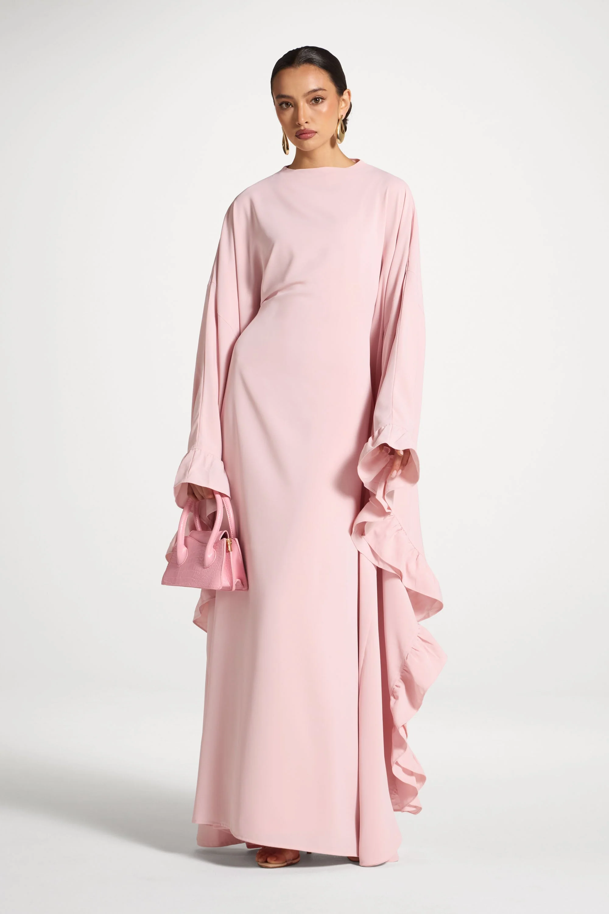 Ruffle Butterfly Abaya Dress - Pastel Pink - Image 4