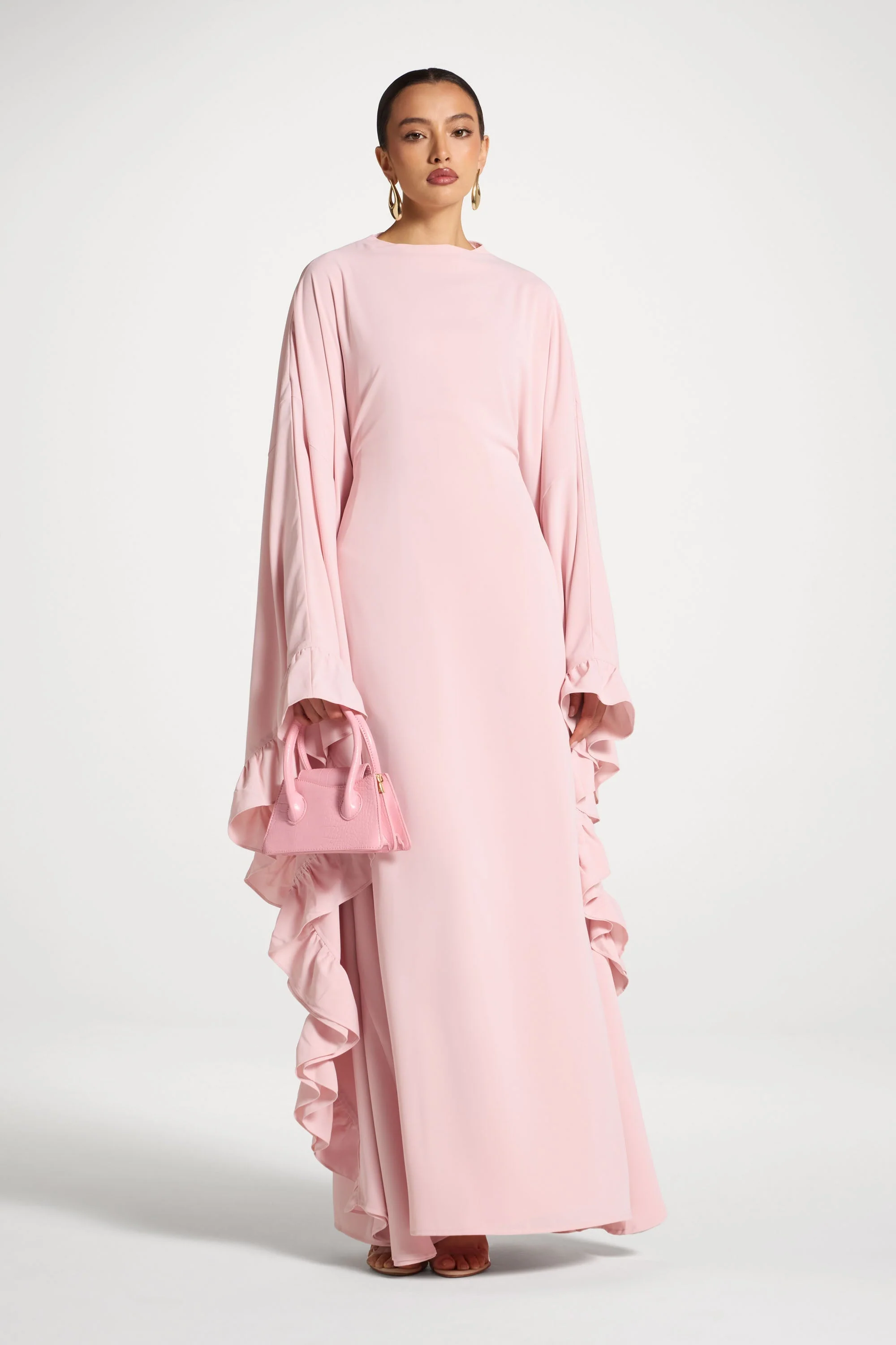 Ruffle Butterfly Abaya Dress - Pastel Pink - Image 5