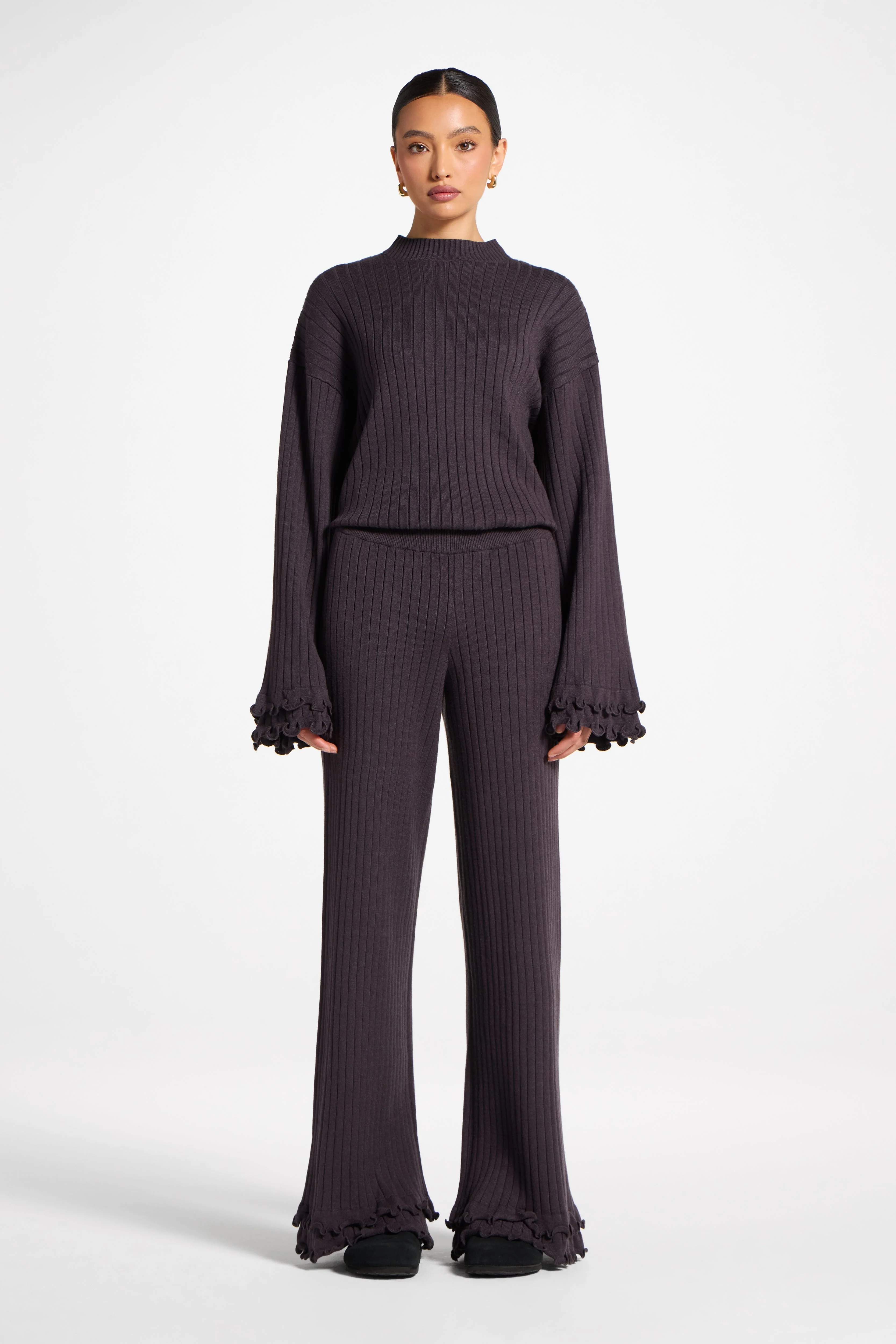 Ruffle Hem Knit Pants - Peppercorn