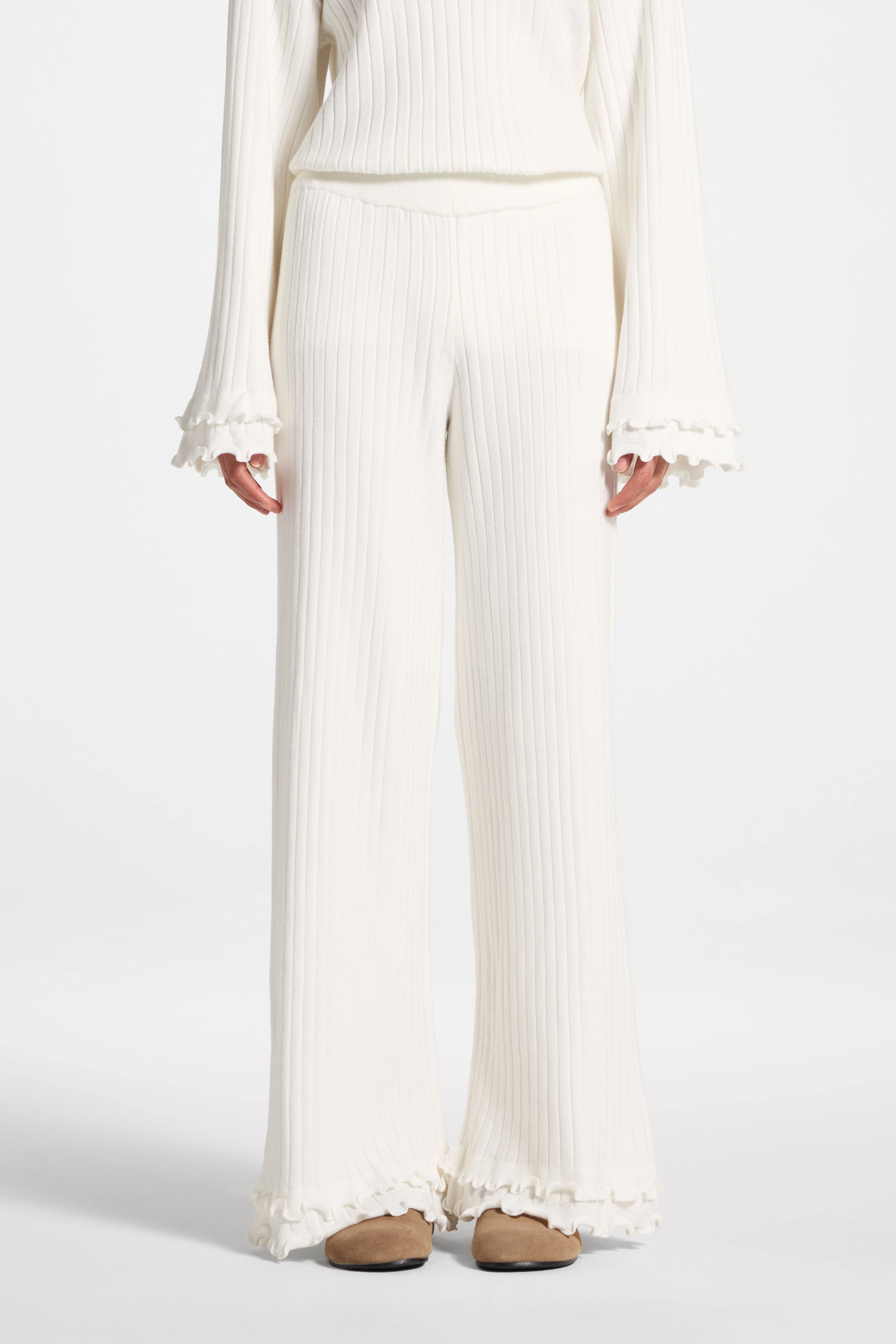 Ruffle Hem Knit Pants - White - Image 2