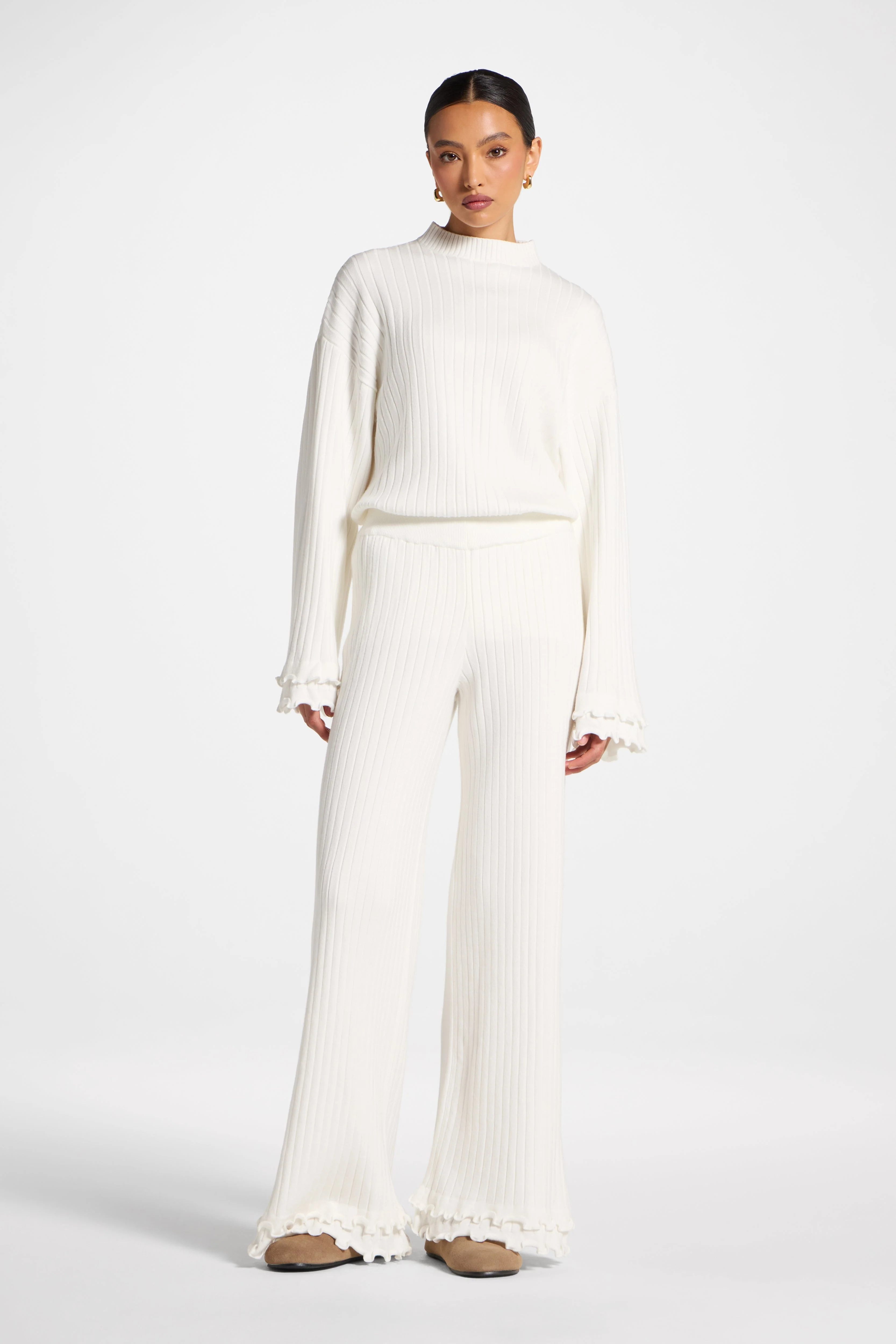 Ruffle Hem Knit Pants - White - Image 3