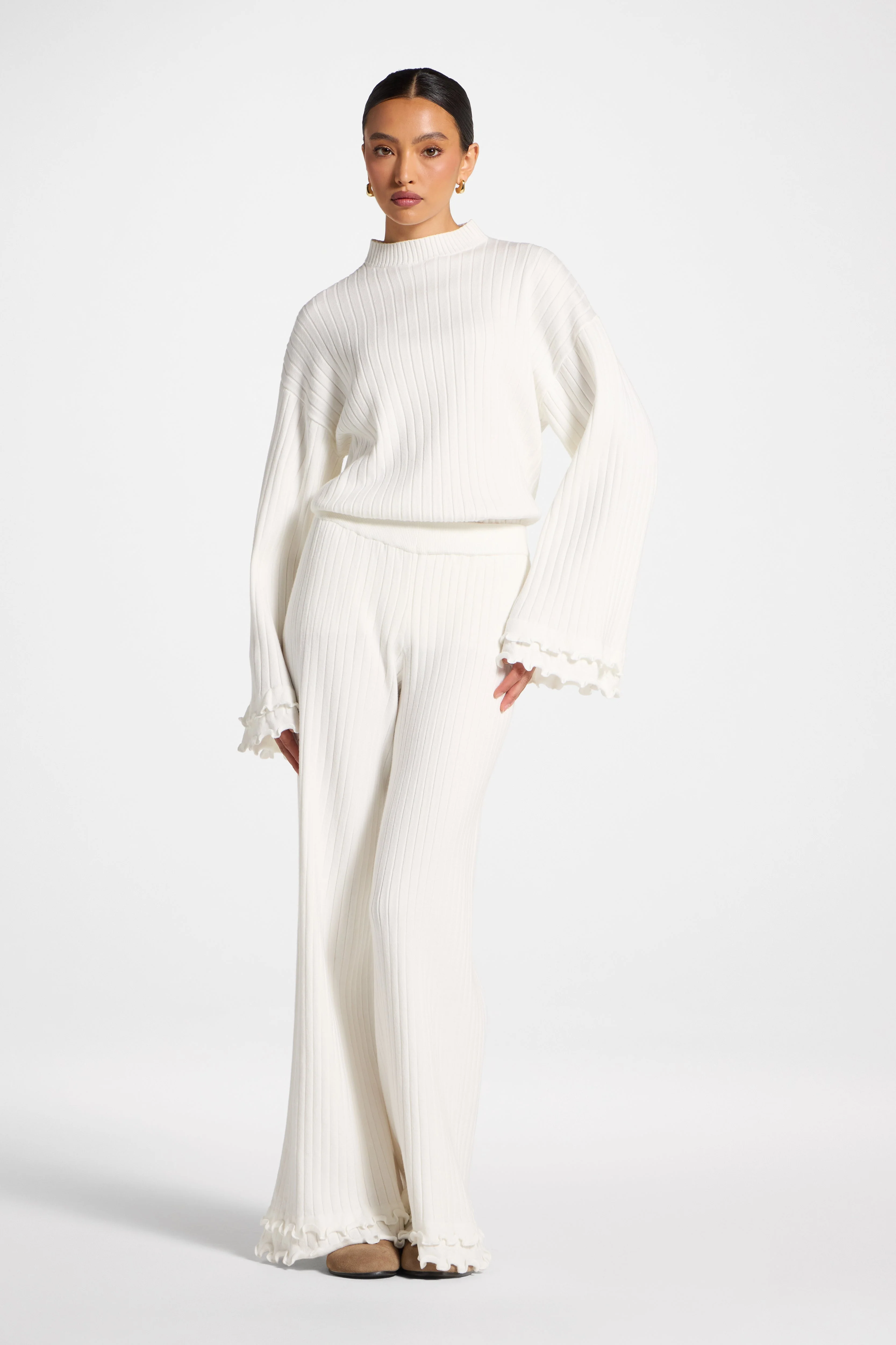 Ruffle Hem Knit Pants - White - Image 6