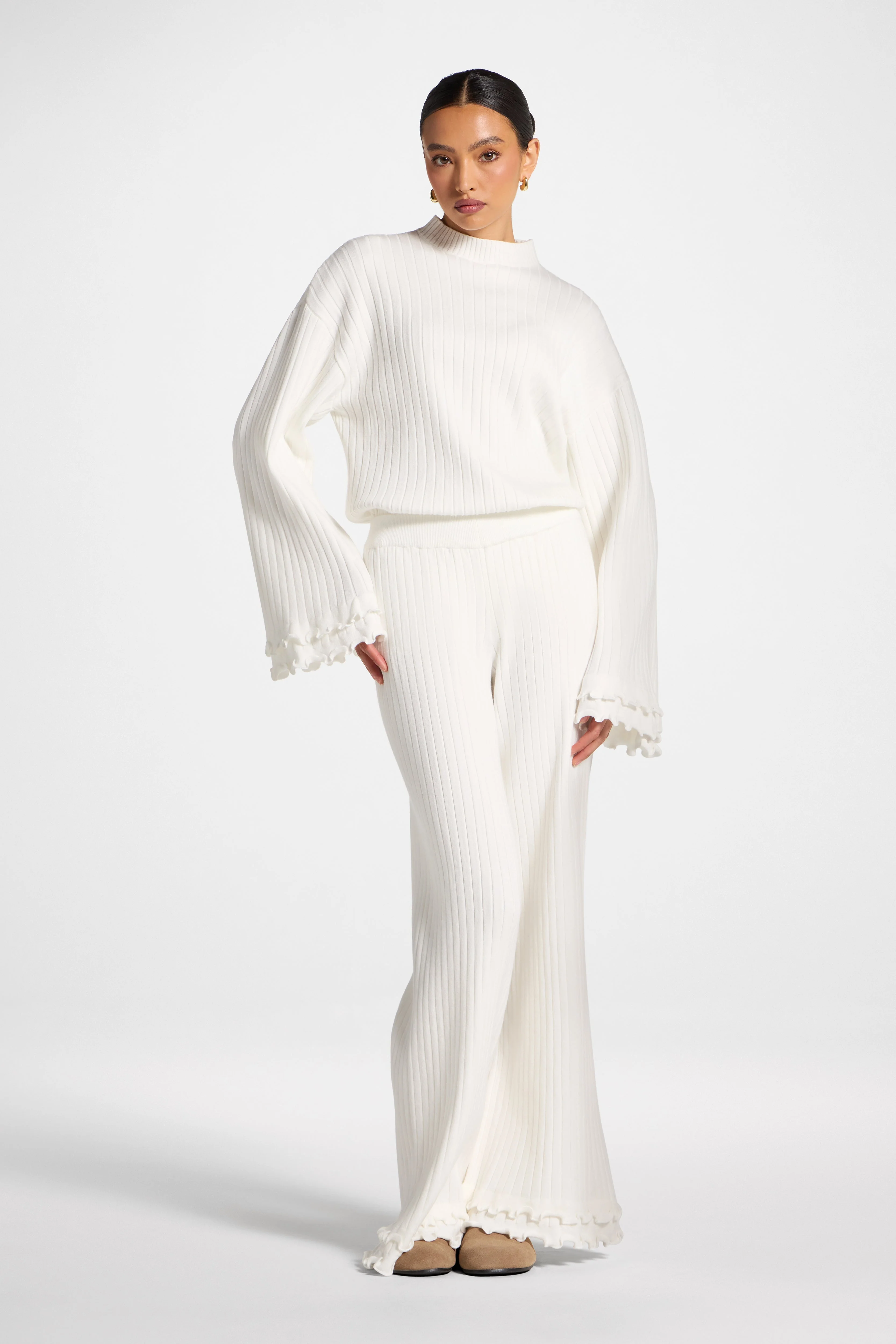 Ruffle Hem Knit Pants - White - Image 8