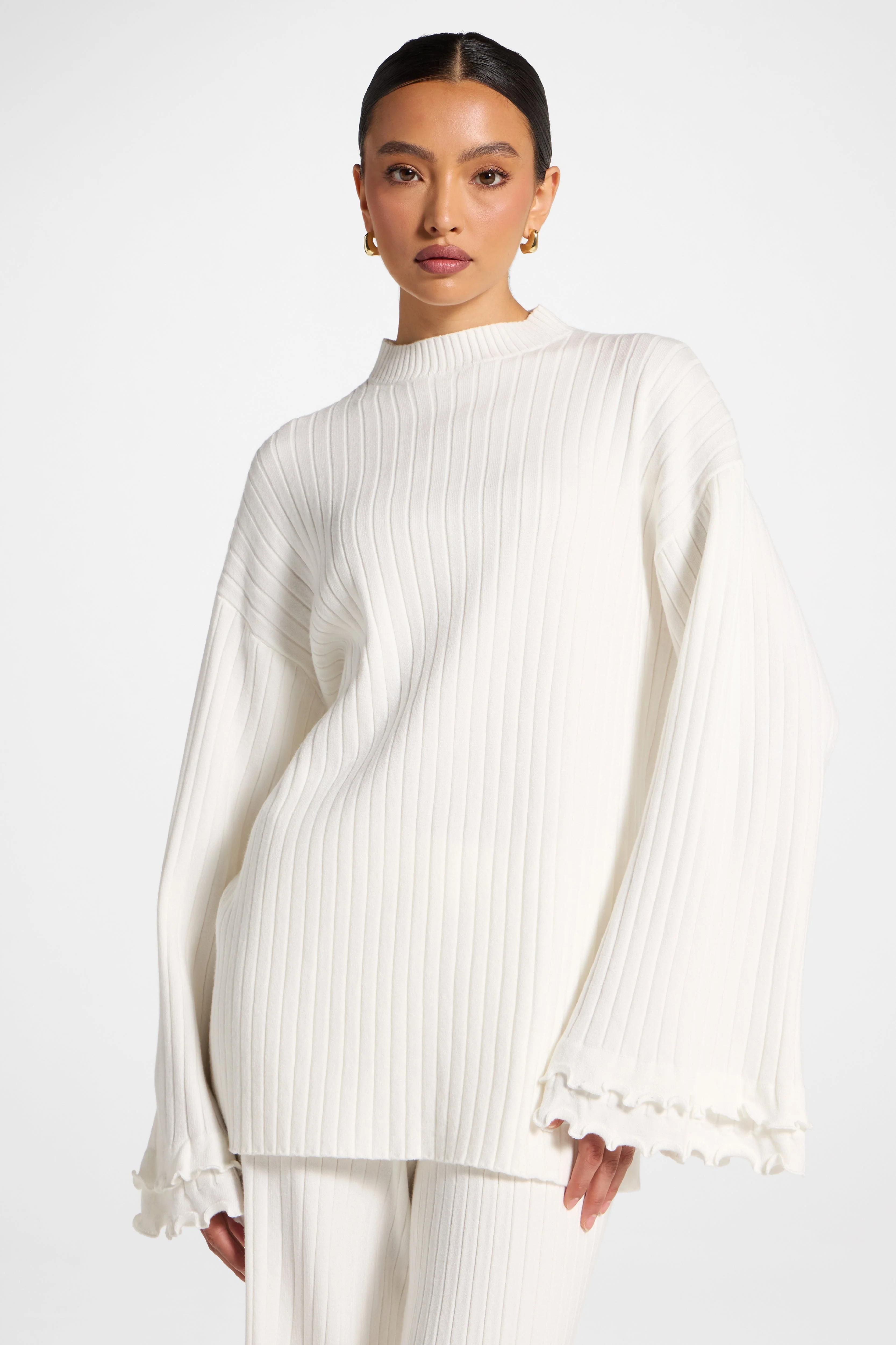 Ruffle Sleeve Knit Top - White - Image 2
