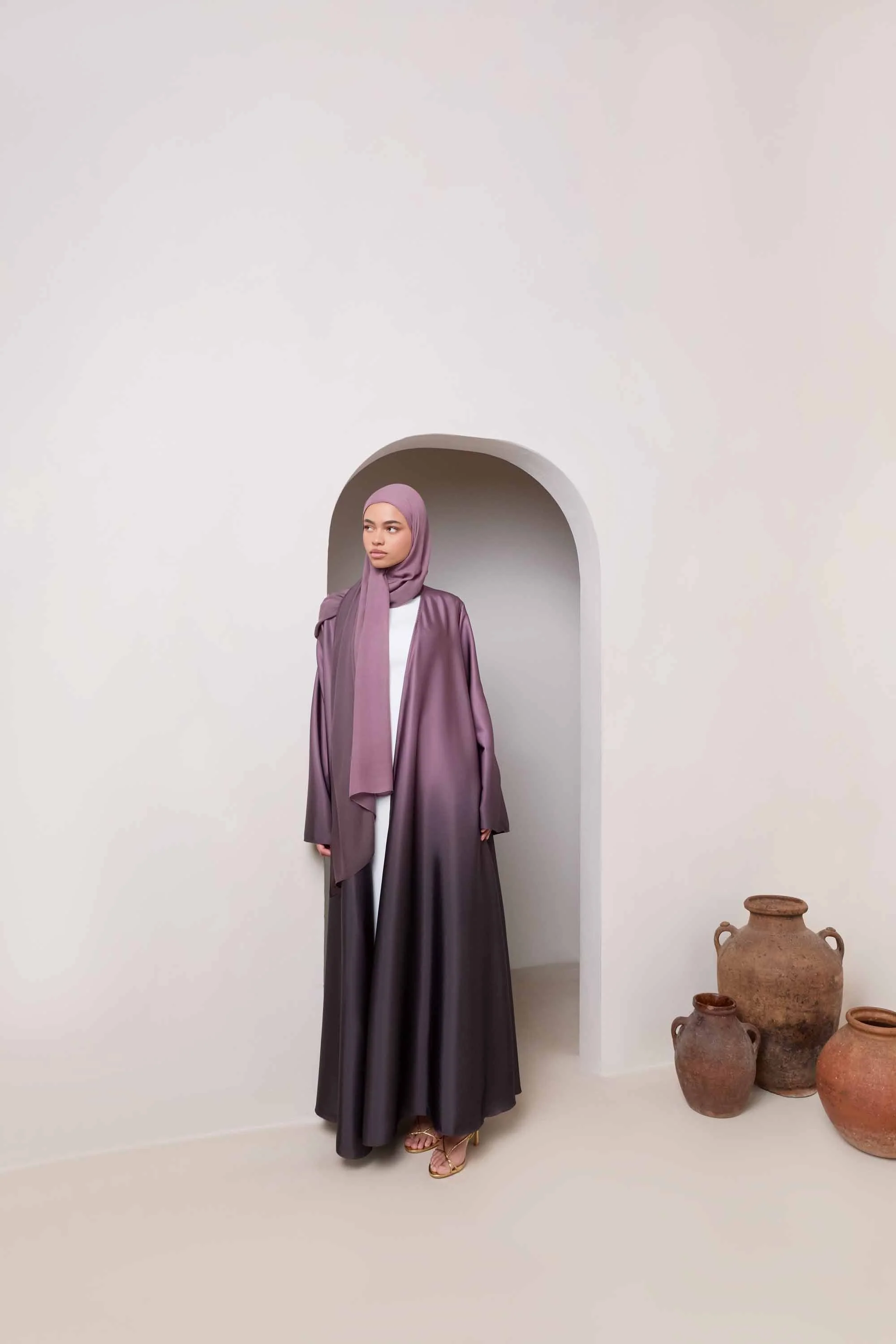 Satin Ombre Open Abaya - Chocolate Plum - Image 11