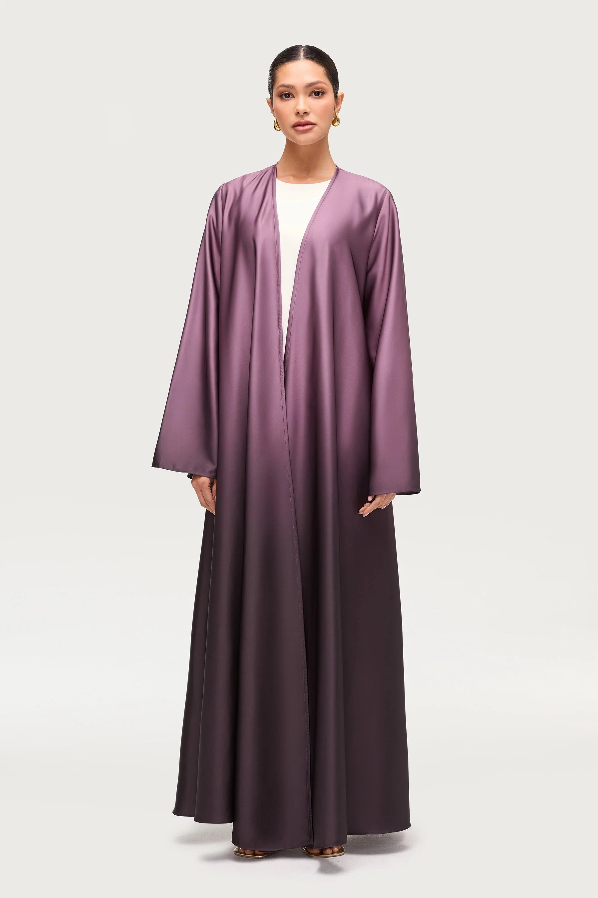 Satin Ombre Open Abaya - Chocolate Plum - Image 3