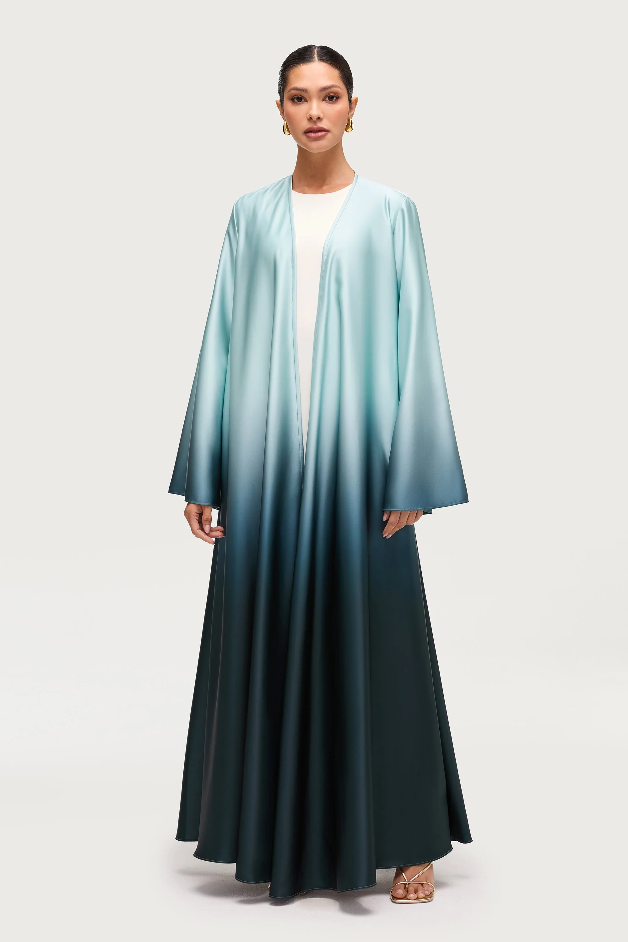 Satin Ombre Open Abaya - Night Pine - Image 3