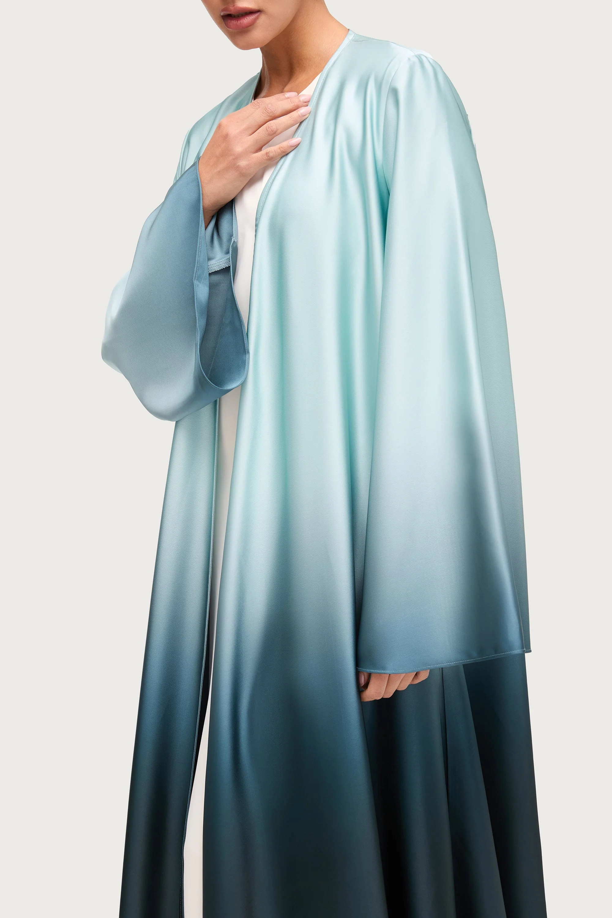 Satin Ombre Open Abaya - Night Pine - Image 4