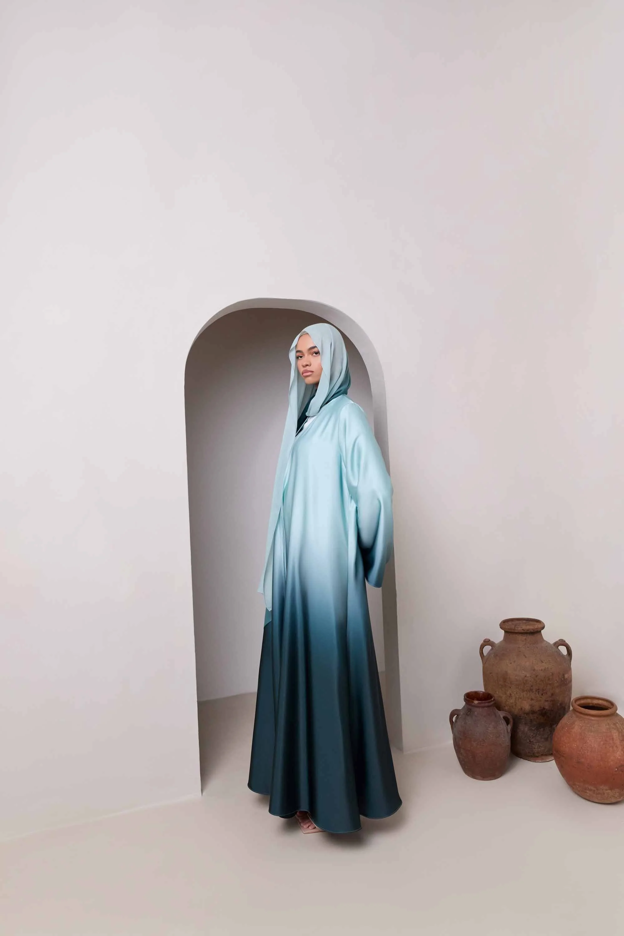 Satin Ombre Open Abaya - Night Pine - Image 8