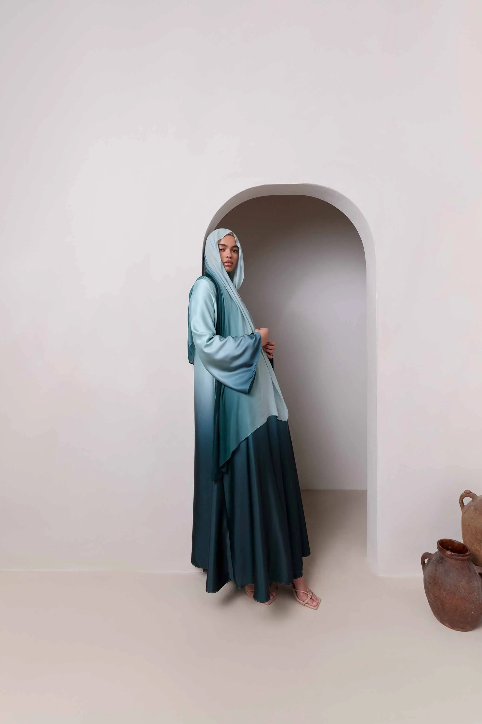 Satin Ombre Open Abaya - Night Pine - Image 9
