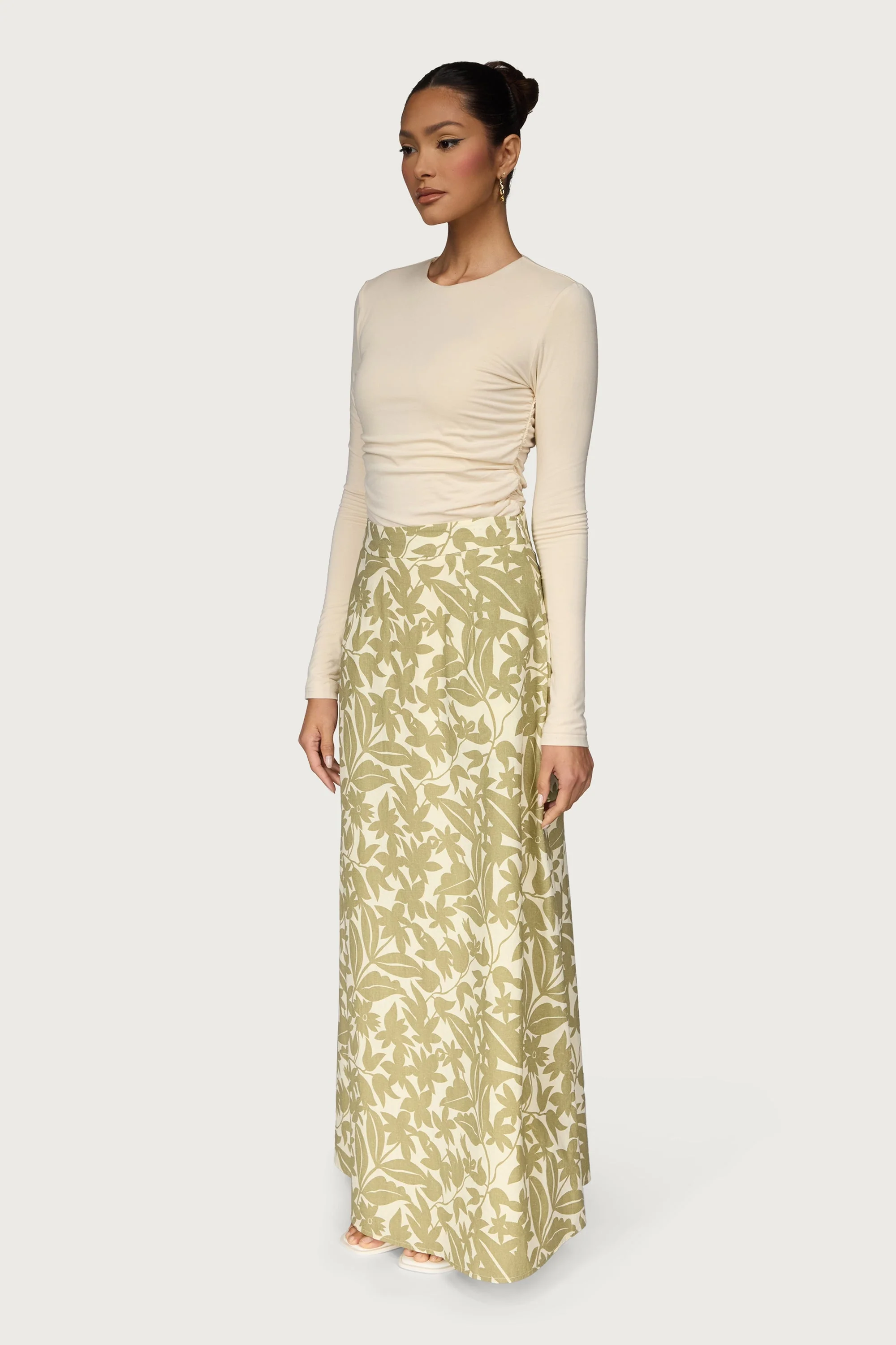 Cotton Printed Maxi Skirt - Green Floral - Image 3