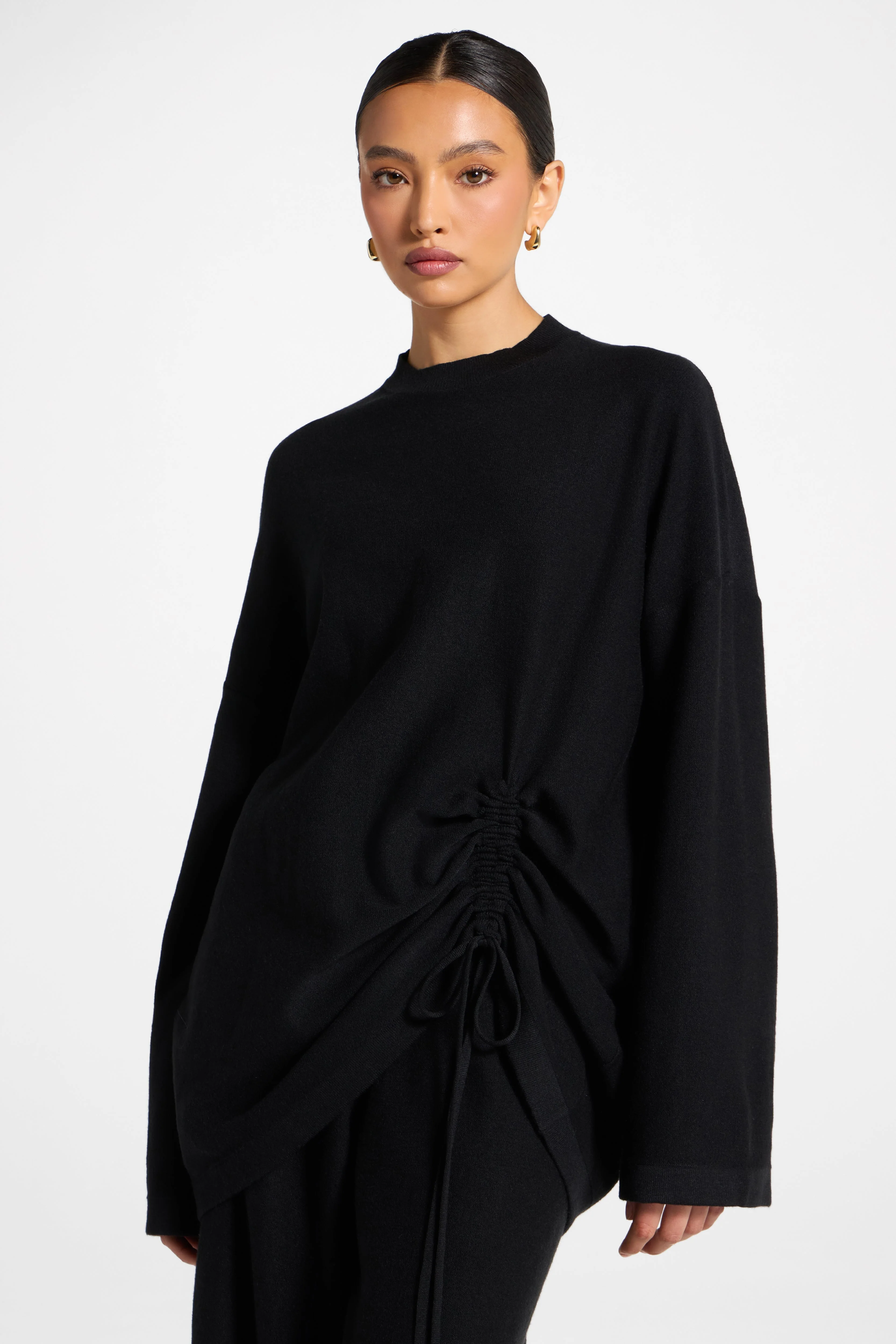 Side Rouched Knit Top & Pants Set - Black - Image 2