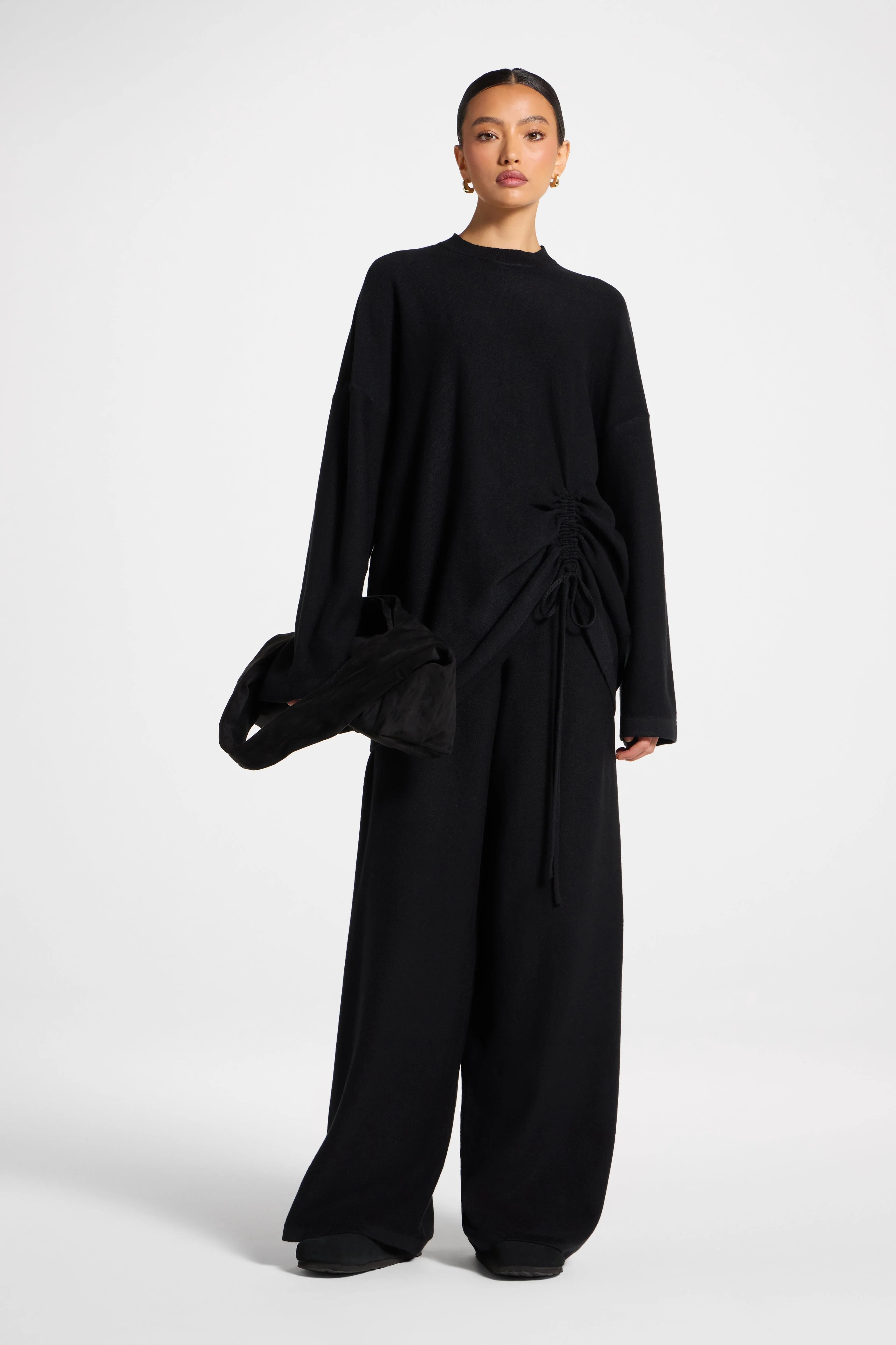Side Rouched Knit Top & Pants Set - Black - Image 4
