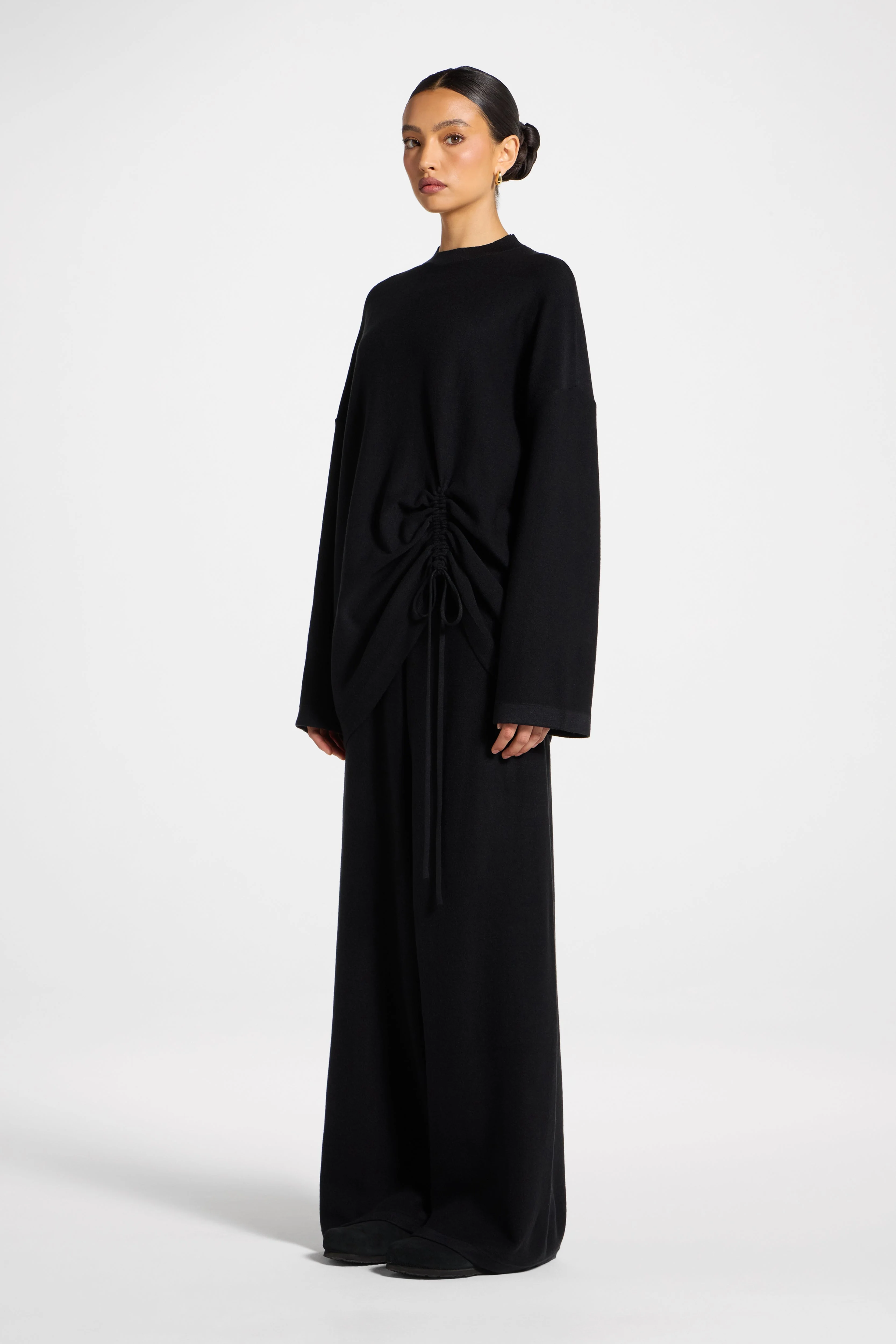 Side Rouched Knit Top & Pants Set - Black - Image 5