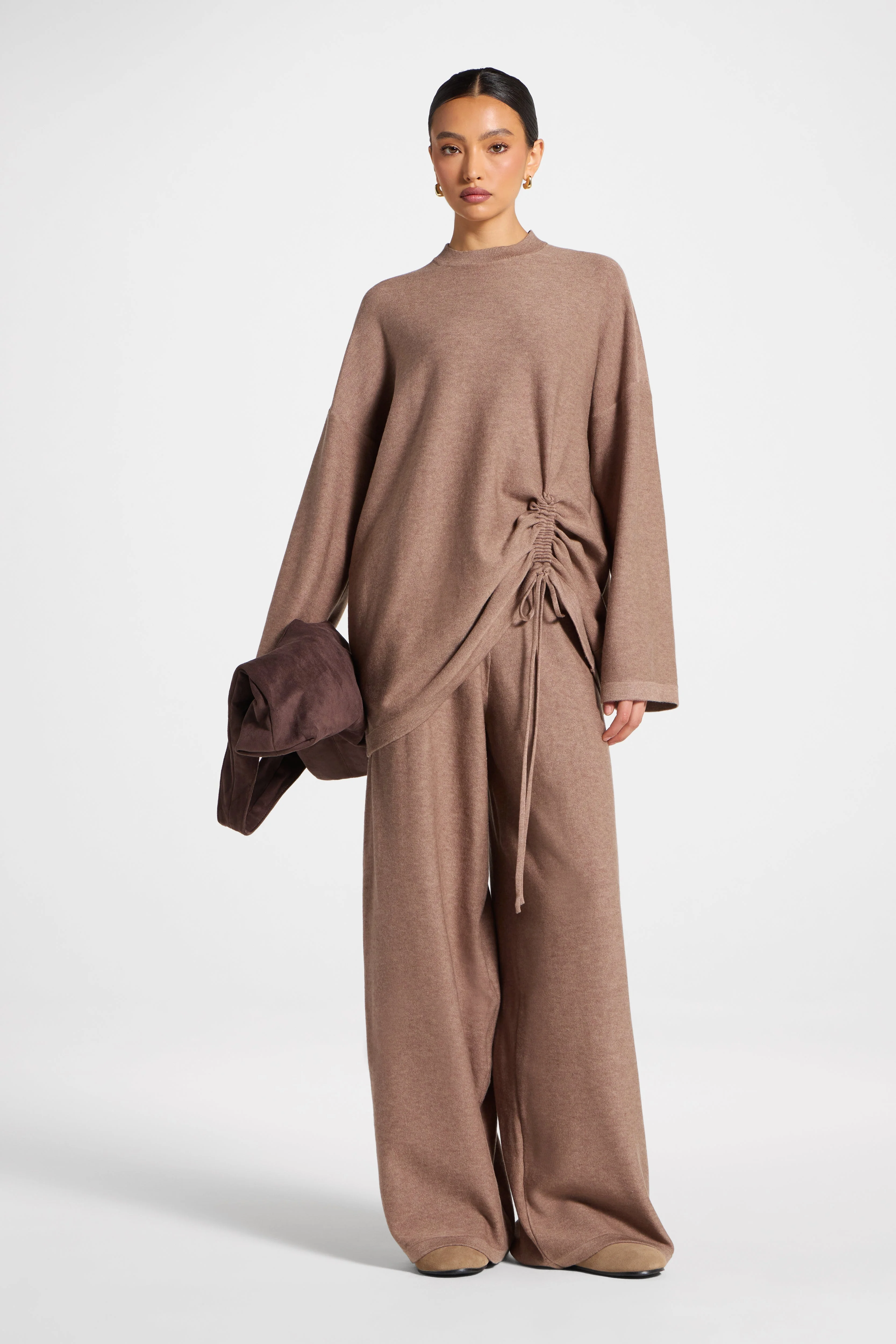 Side Rouched Knit Top & Pants Set - Brown