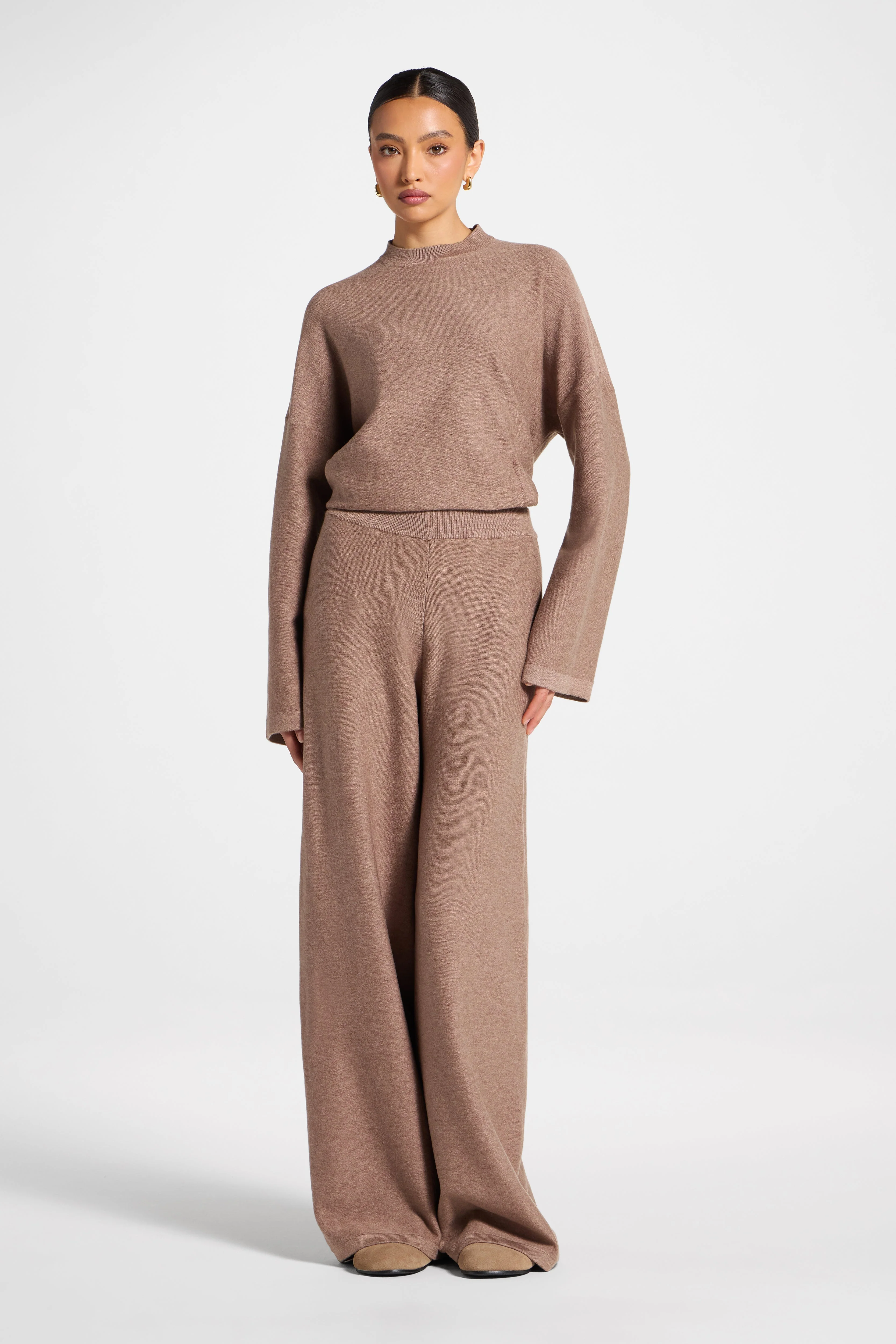 Side Rouched Knit Top & Pants Set - Brown - Image 10