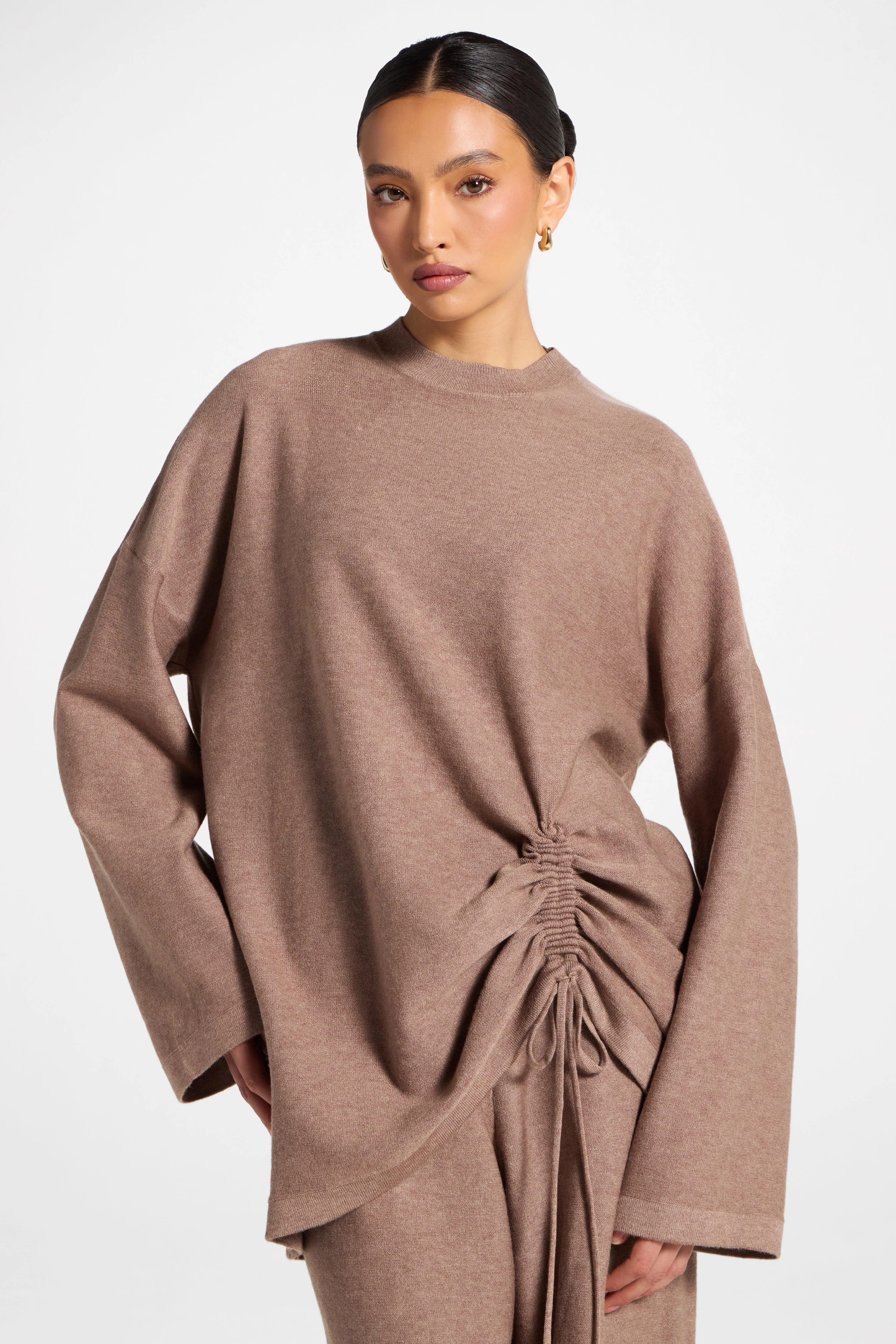 Side Rouched Knit Top & Pants Set - Brown - Image 2