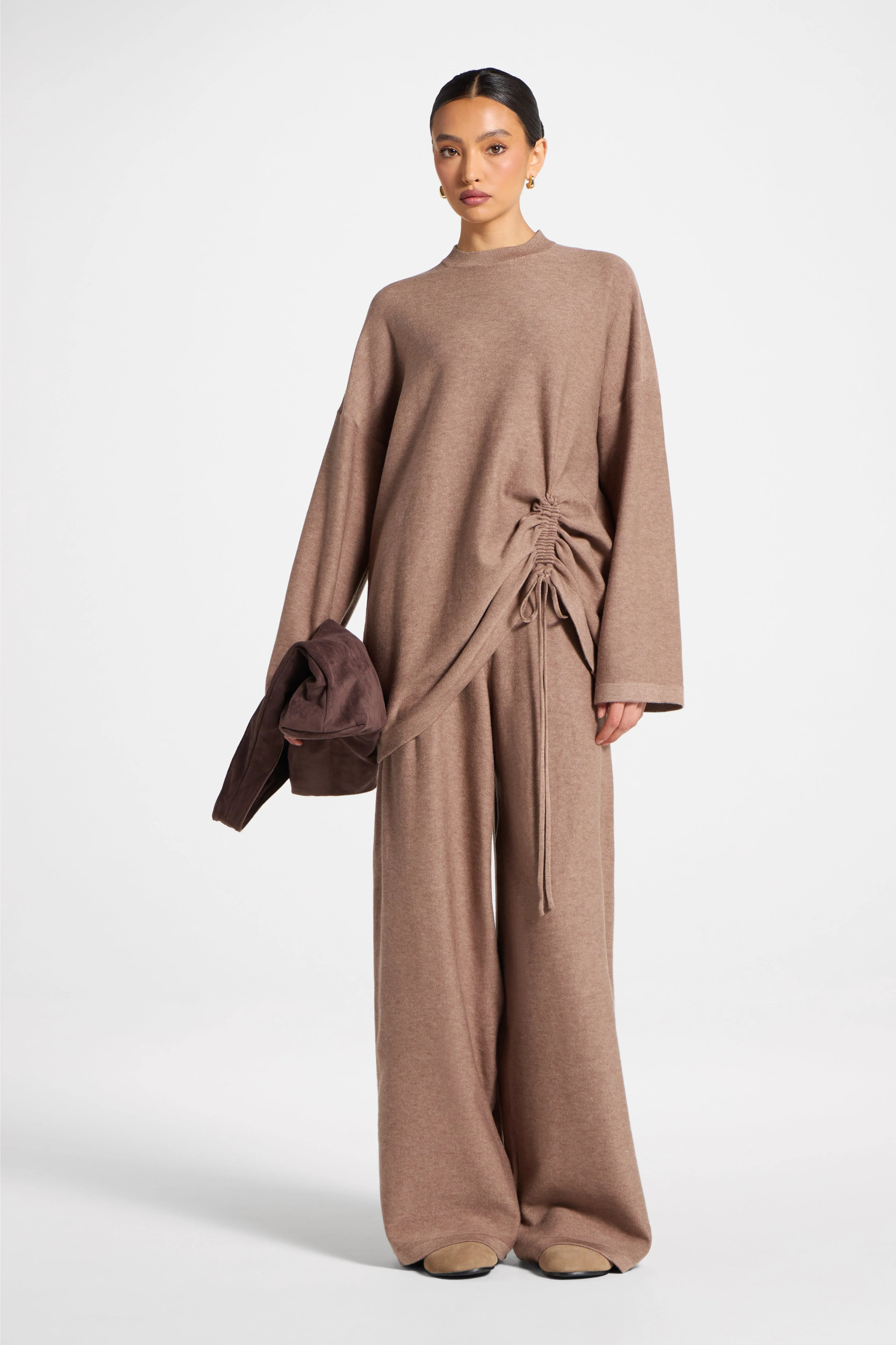 Side Rouched Knit Top & Pants Set - Brown - Image 4