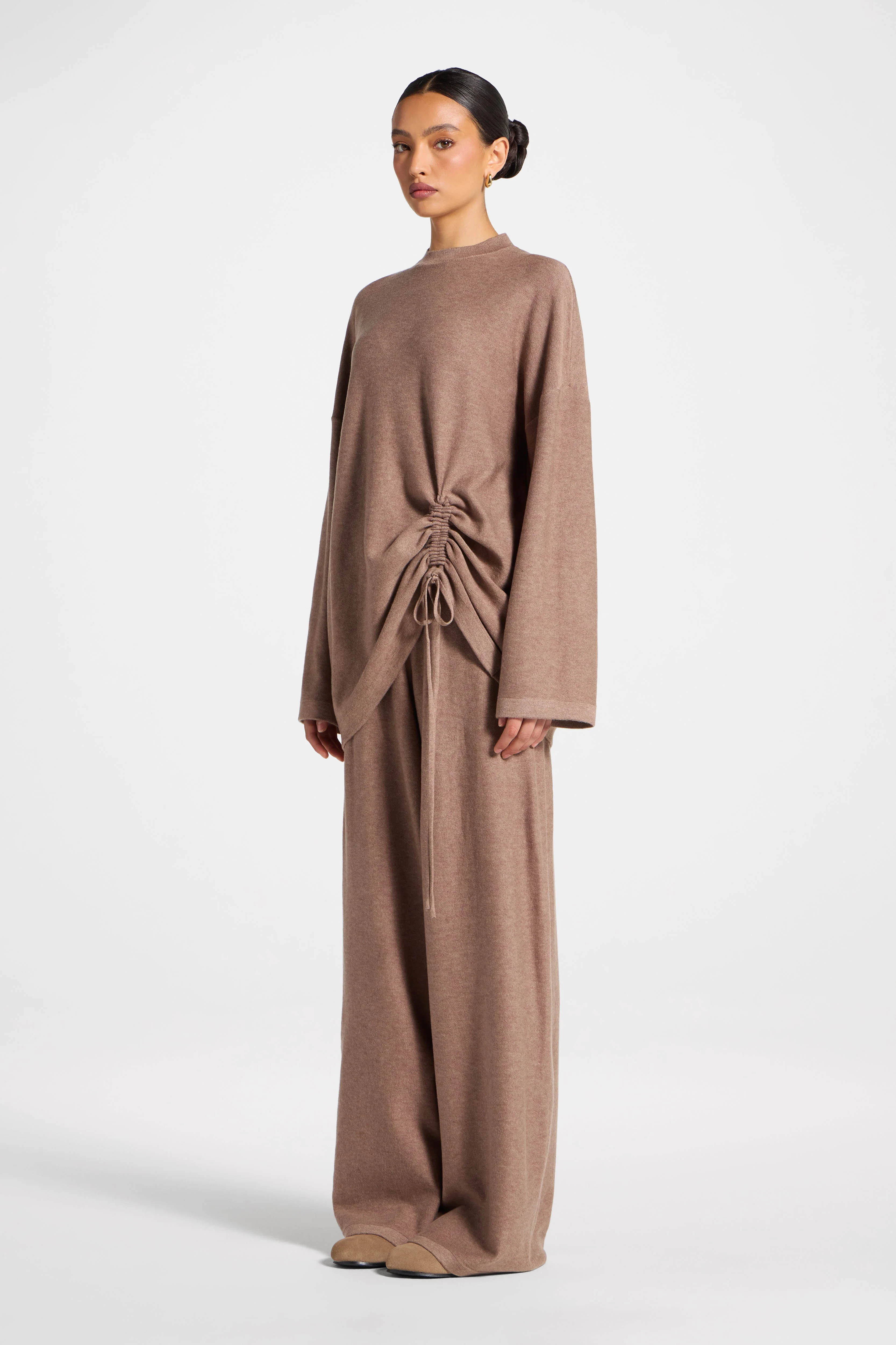 Side Rouched Knit Top & Pants Set - Brown - Image 5