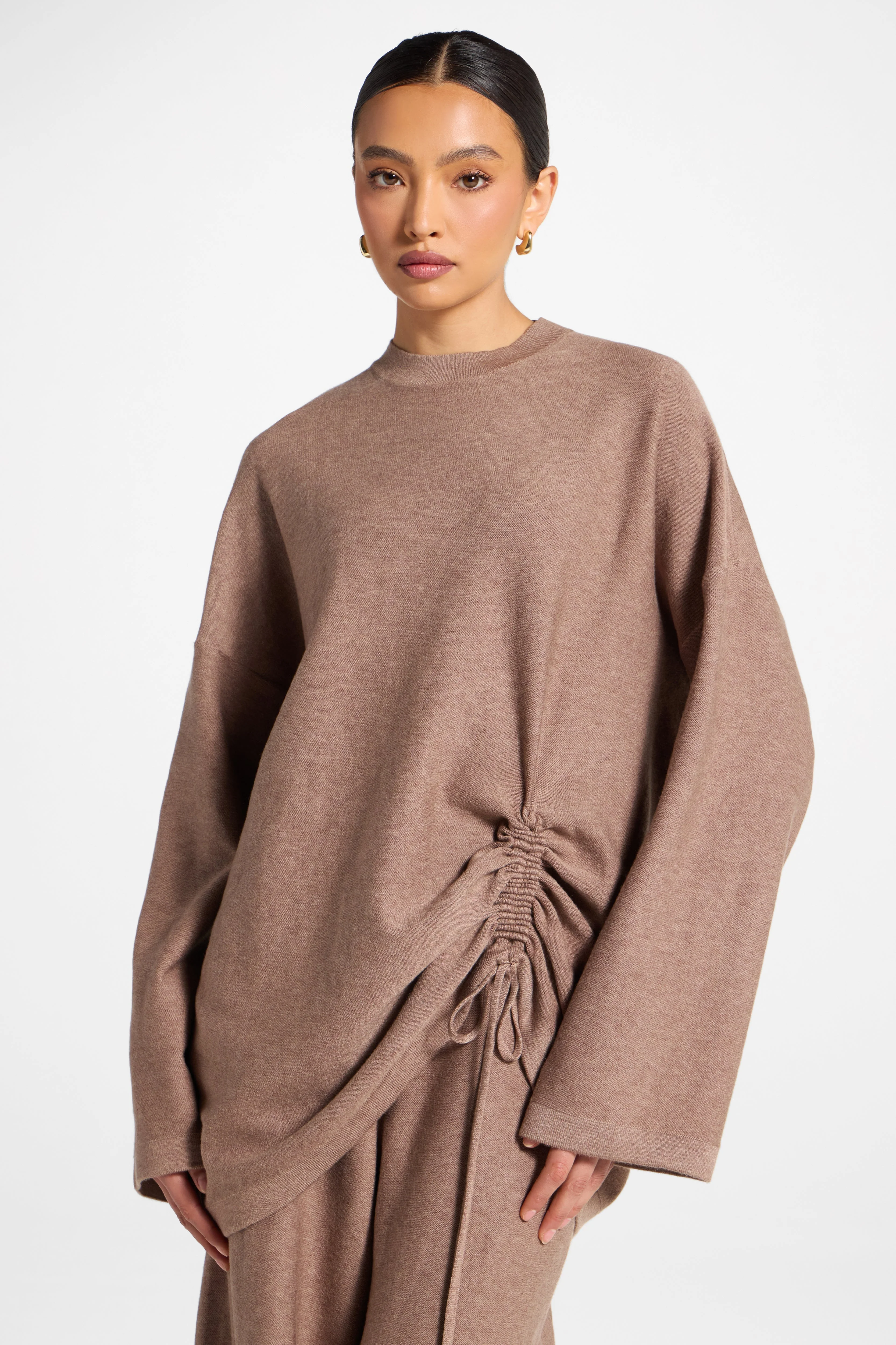 Side Rouched Knit Top & Pants Set - Brown - Image 6