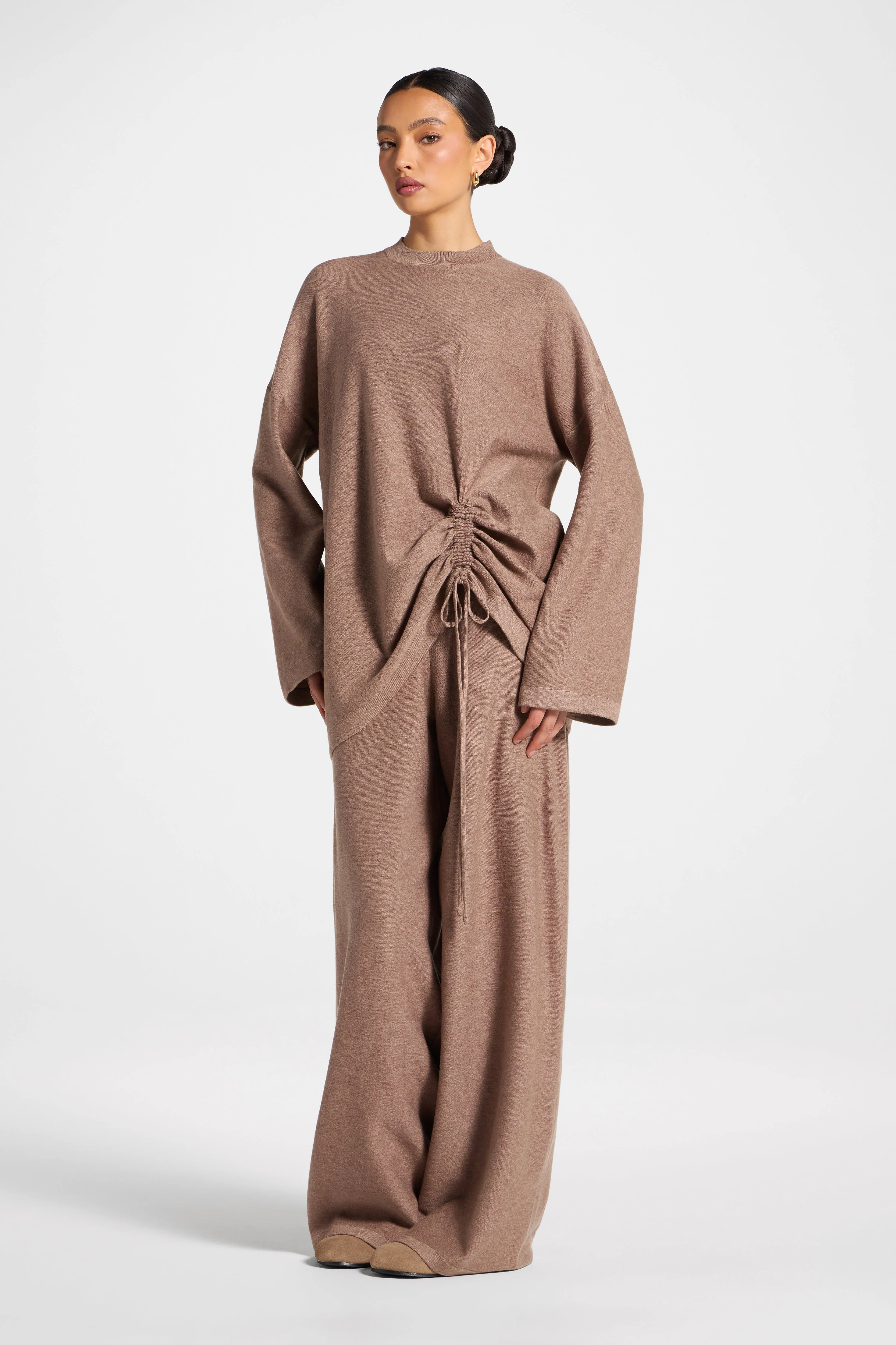 Side Rouched Knit Top & Pants Set - Brown - Image 7