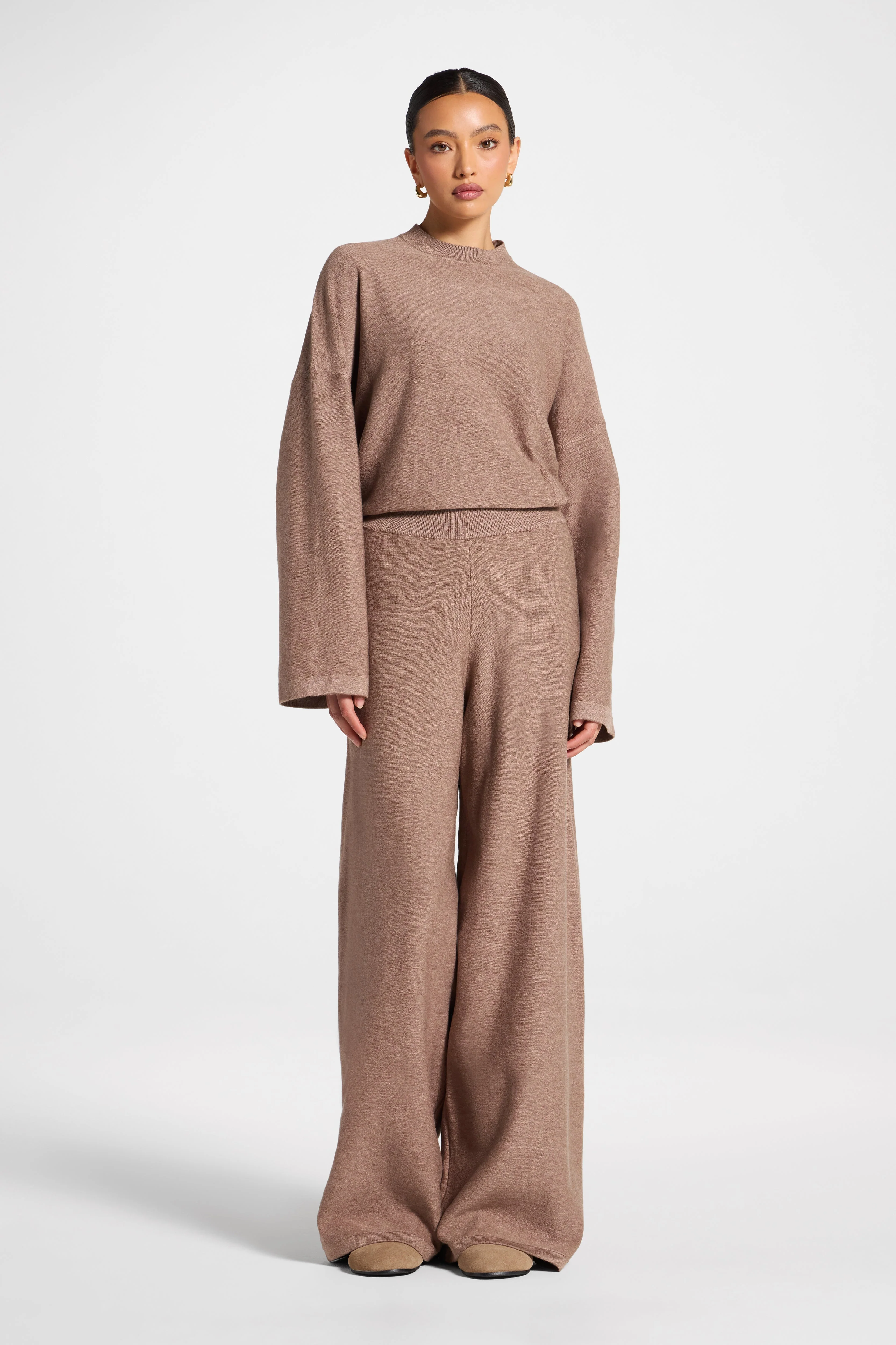 Side Rouched Knit Top & Pants Set - Brown - Image 8