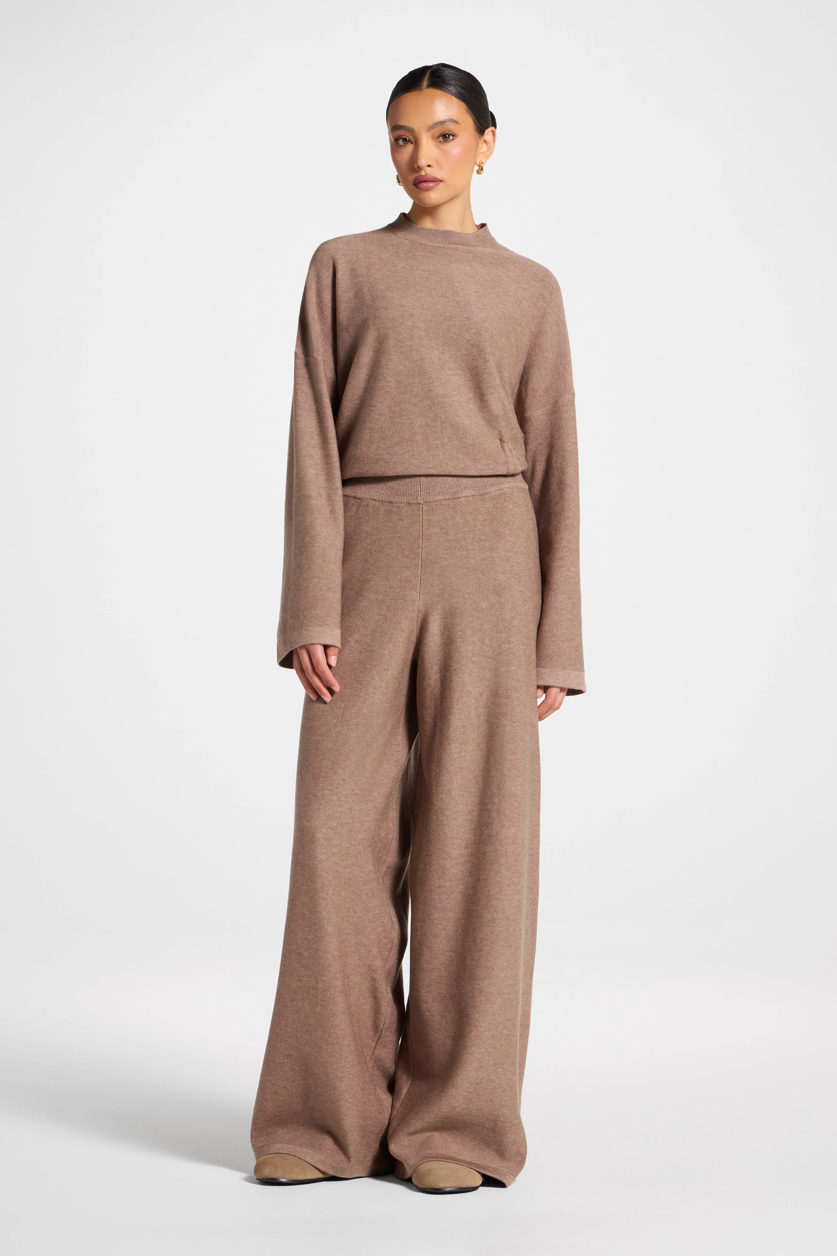 Side Rouched Knit Top & Pants Set - Brown - Image 9
