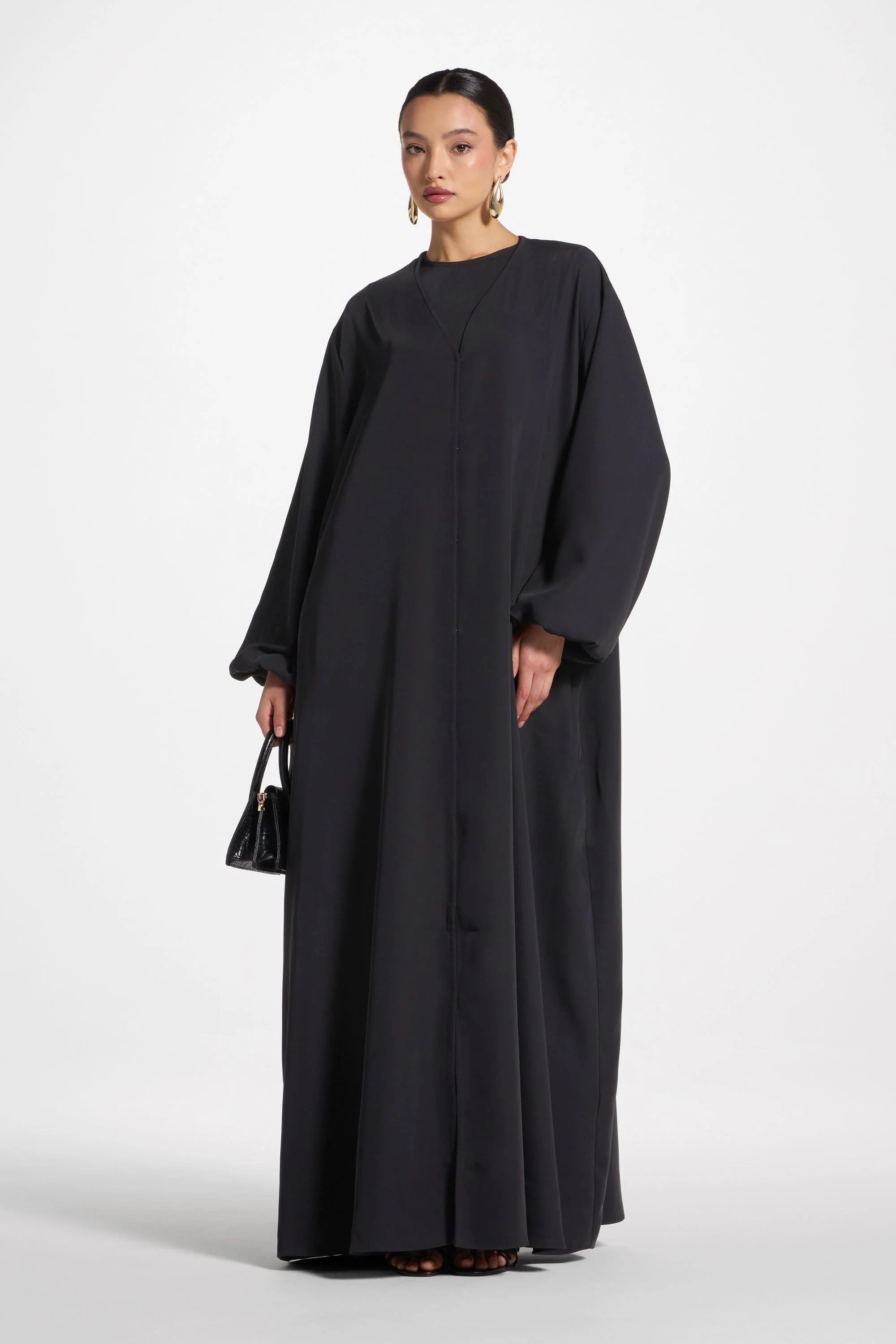 Signature Balloon Sleeve Open Abaya - Black