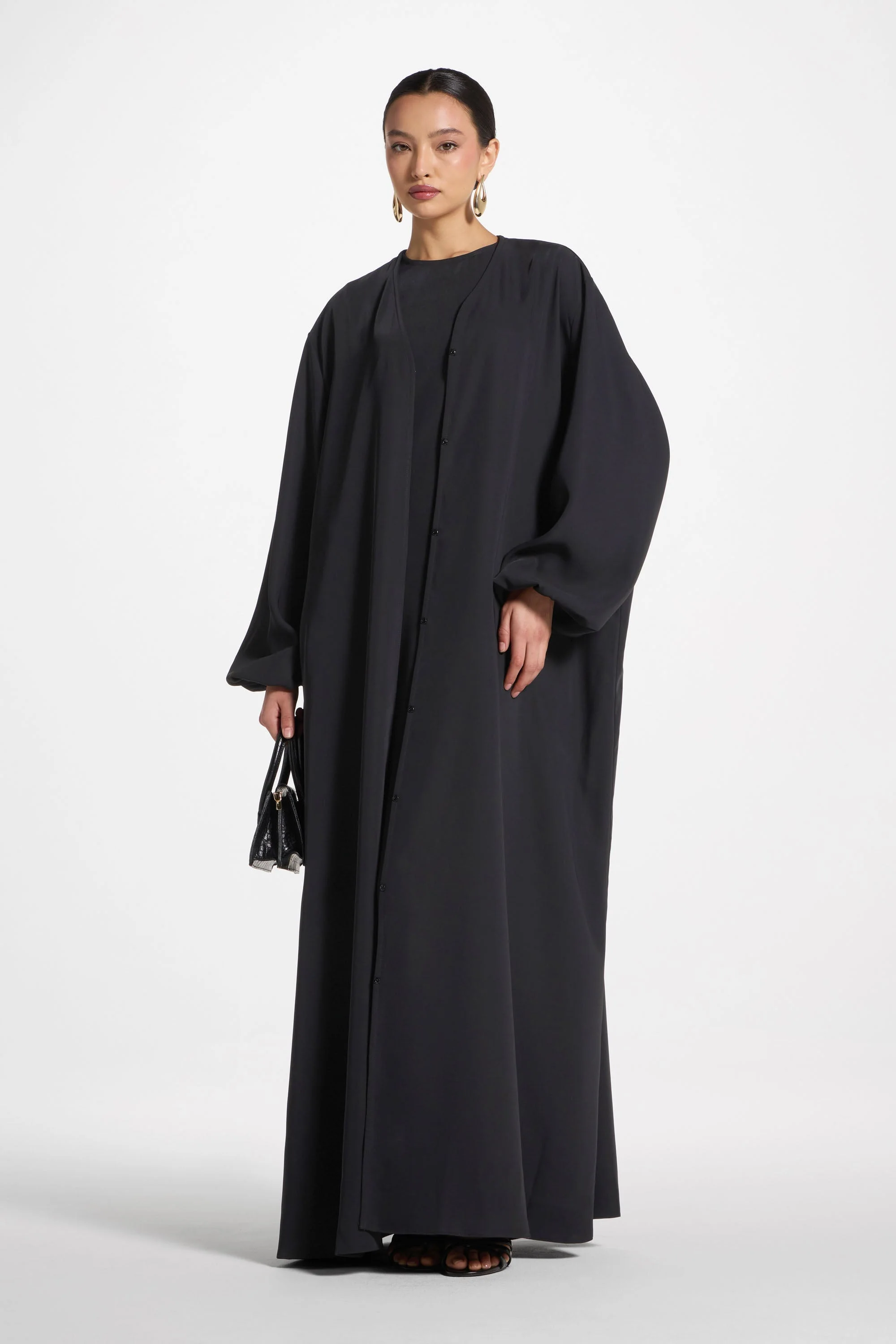 Signature Balloon Sleeve Open Abaya - Black - Image 2
