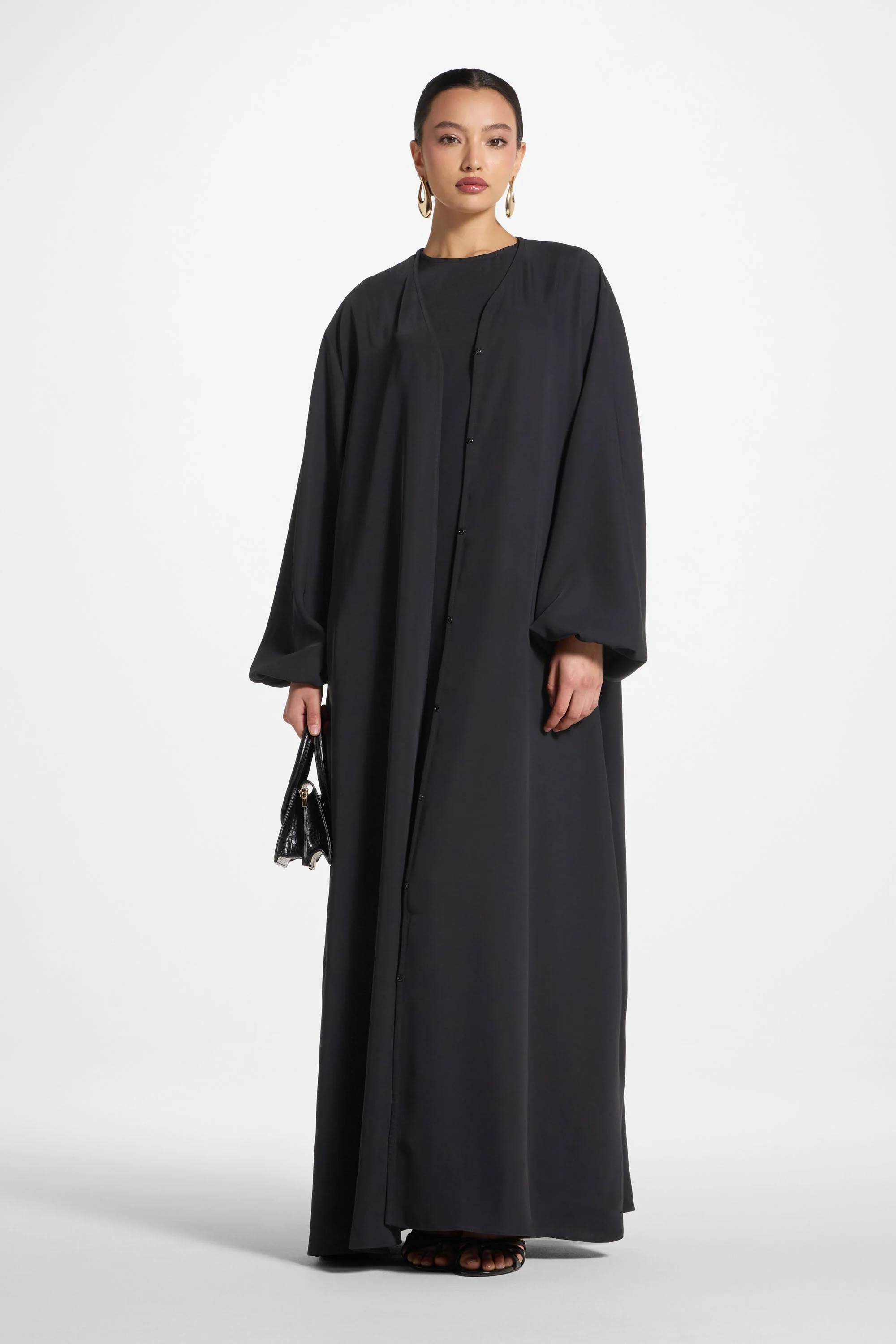 Signature Balloon Sleeve Open Abaya - Black - Image 3