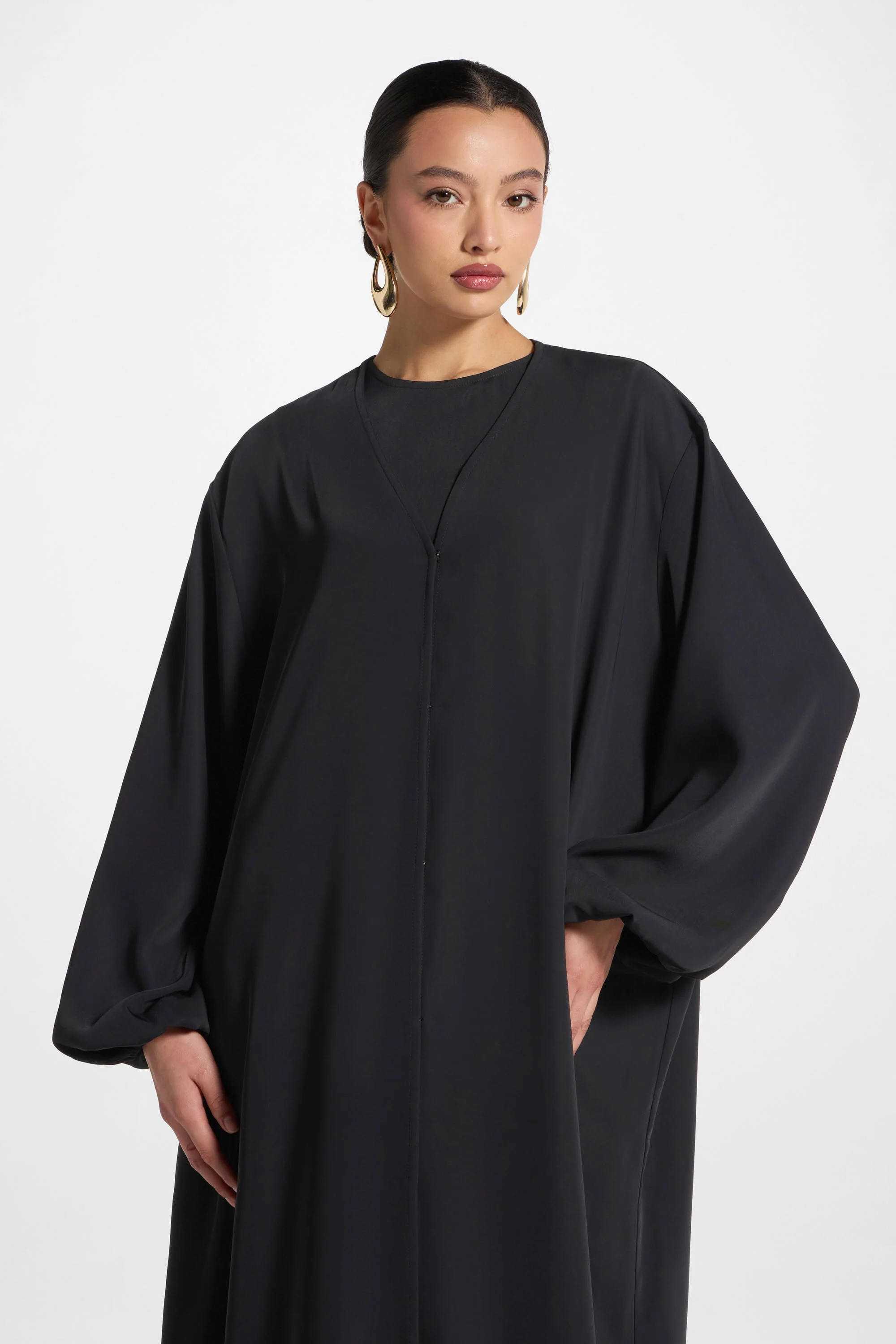 Signature Balloon Sleeve Open Abaya - Black - Image 4
