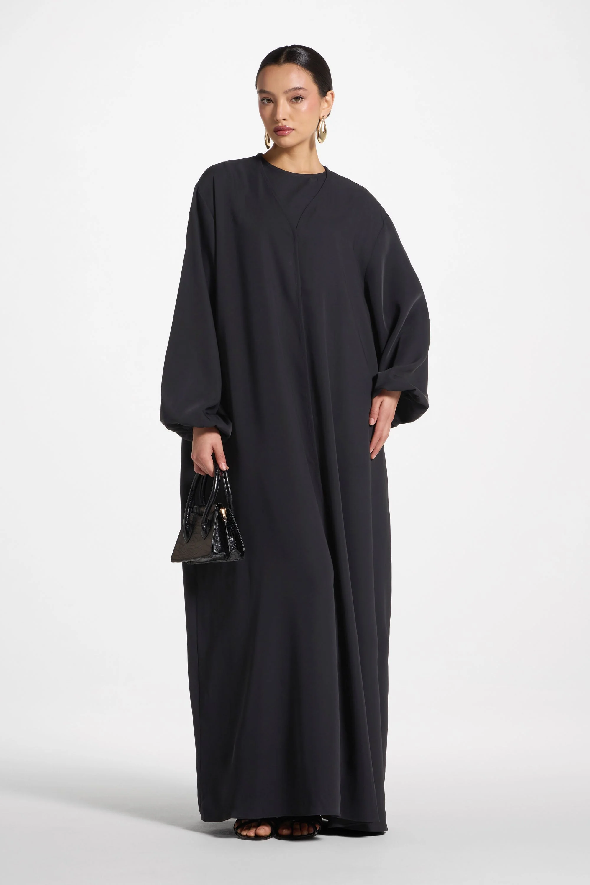 Signature Balloon Sleeve Open Abaya - Black - Image 5