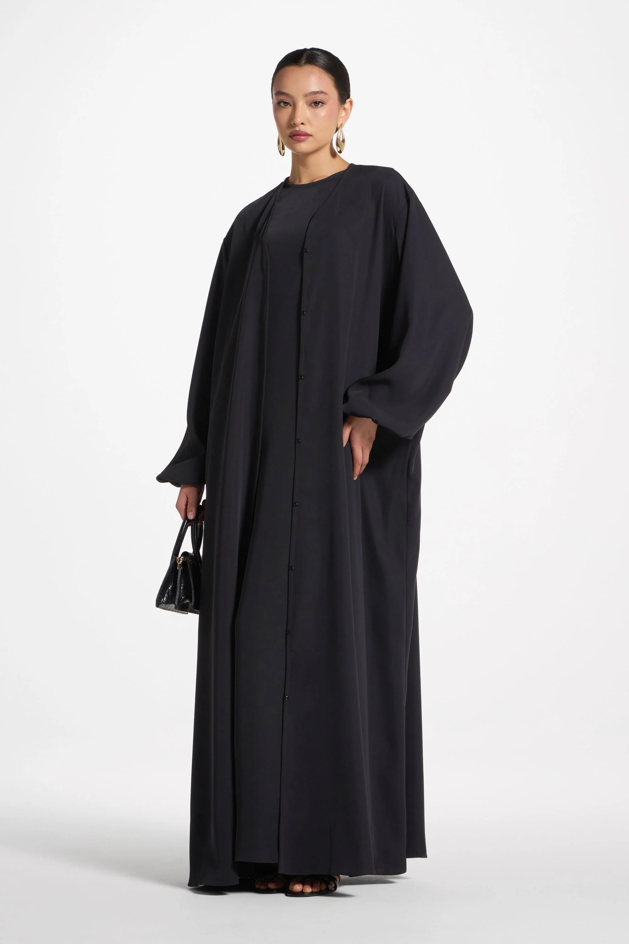 Signature Balloon Sleeve Open Abaya - Black - Image 6